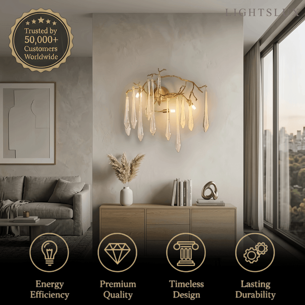 Lámpara de pared de lujo – Rama de cristal y latón para sala de estar/dormitorio - Flindria