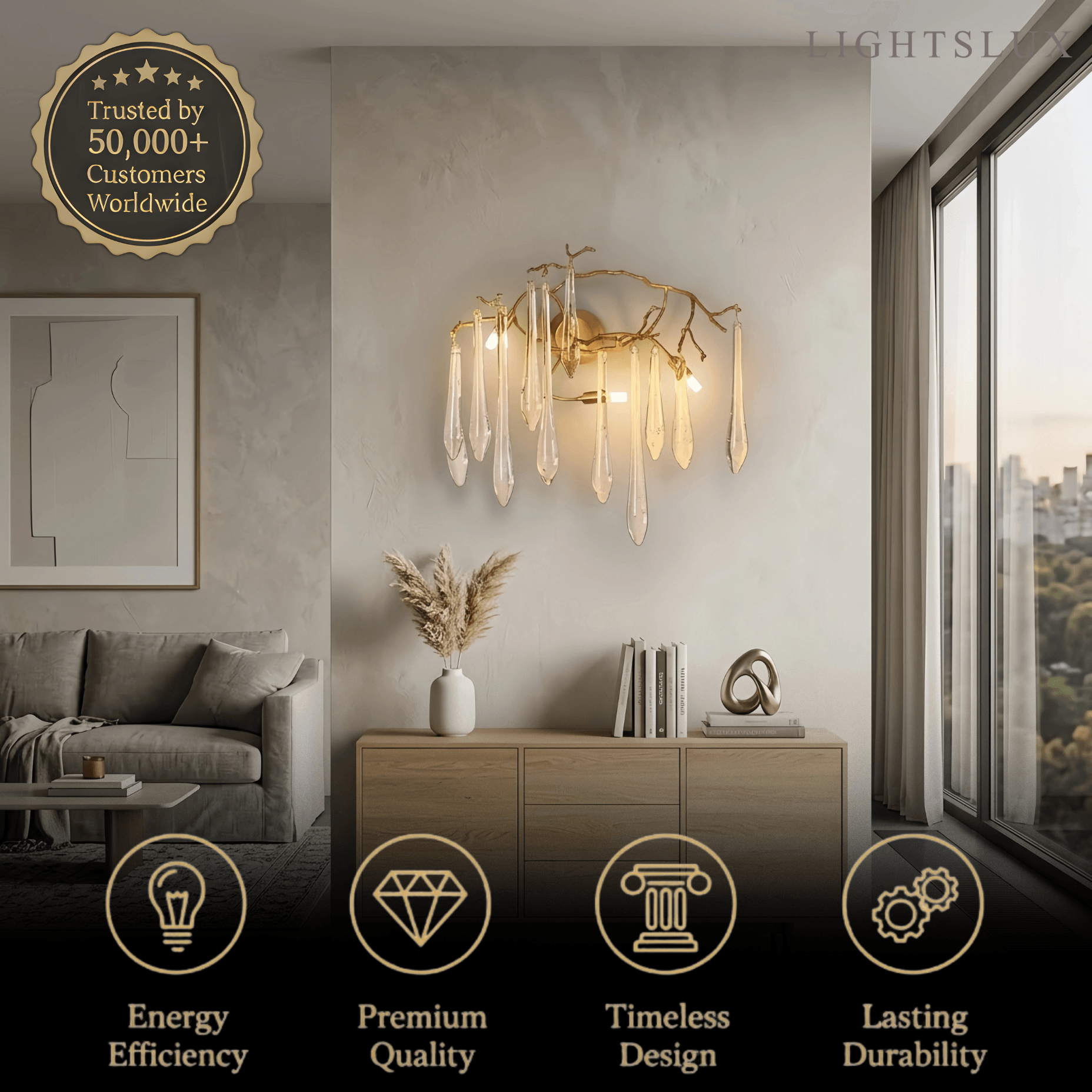 Lámpara de pared de lujo – Rama de cristal y latón para sala de estar/dormitorio - Flindria