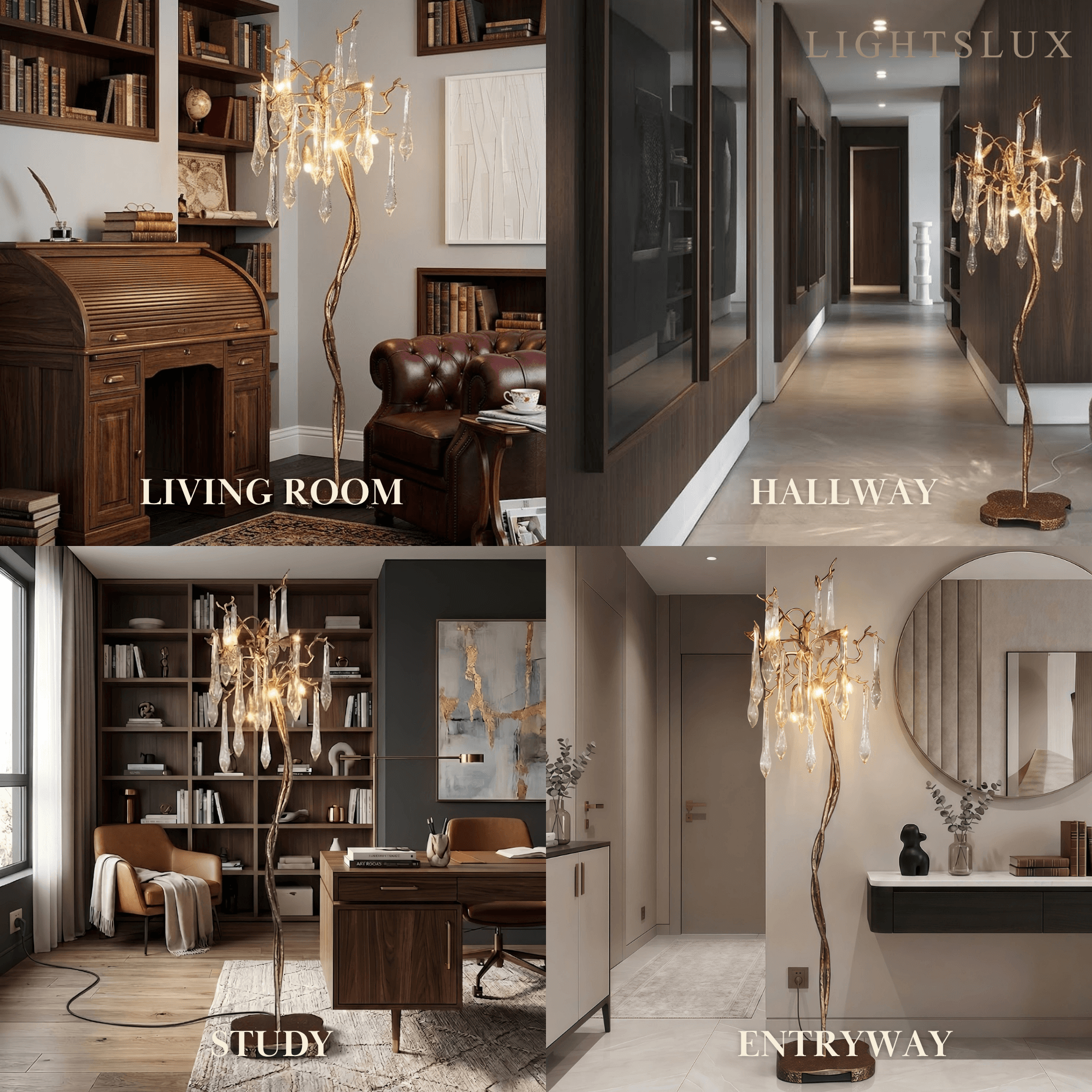 Lampadaire de luxe – Branche en laiton doré avec gouttes de cristal pour salon / chambre - Flindria