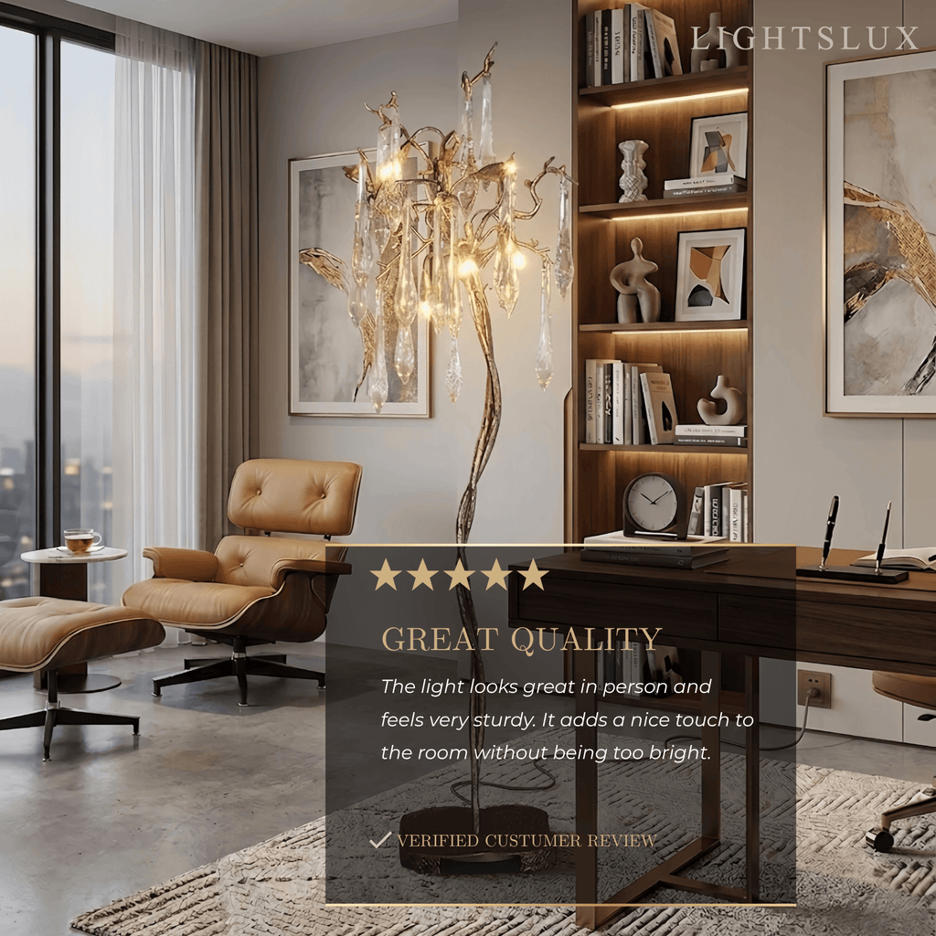 Lámpara de pie de lujo – Rama de latón dorado con gotas de cristal para sala de estar/dormitorio - Flindria