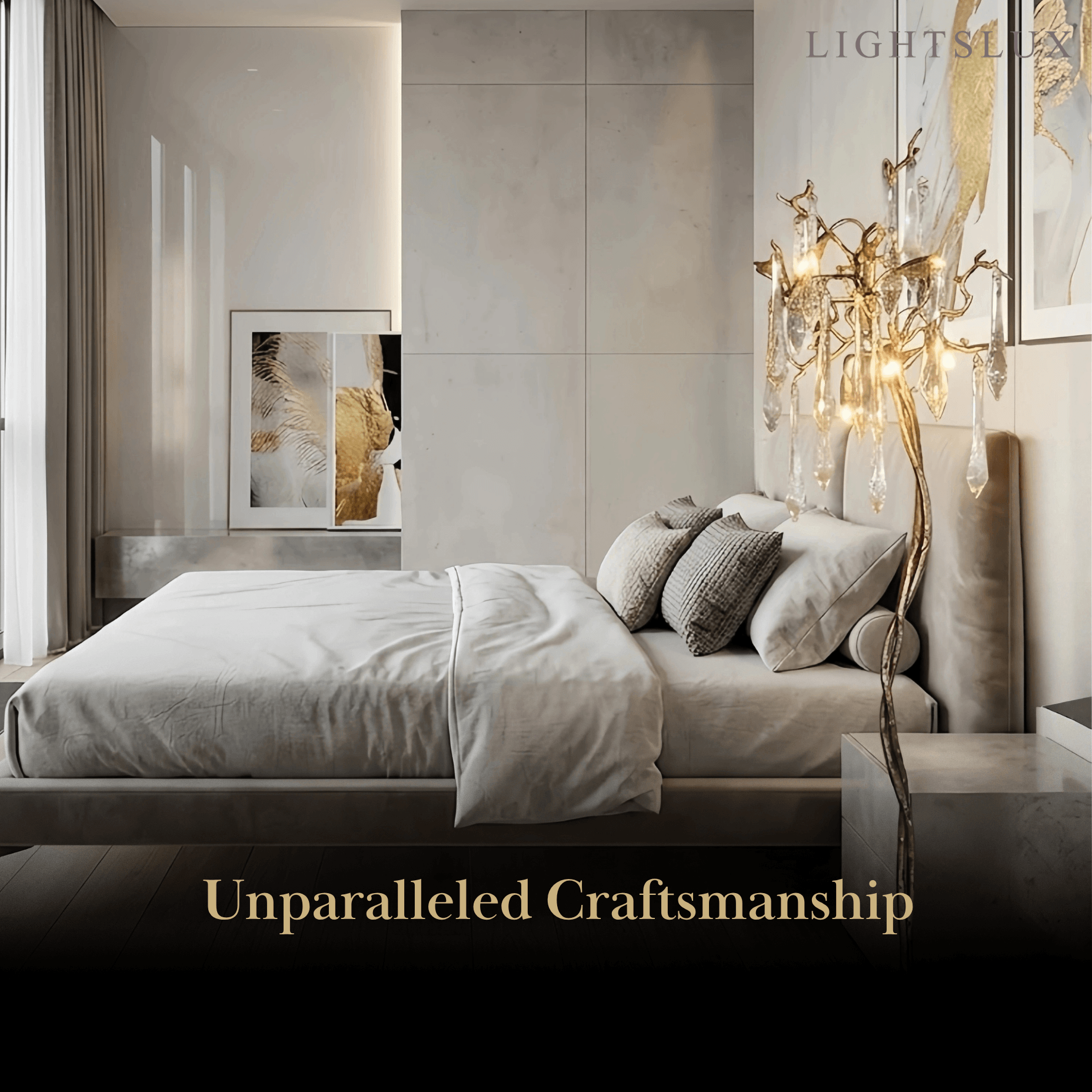Lampadaire de luxe – Branche en laiton doré avec gouttes de cristal pour salon / chambre - Flindria