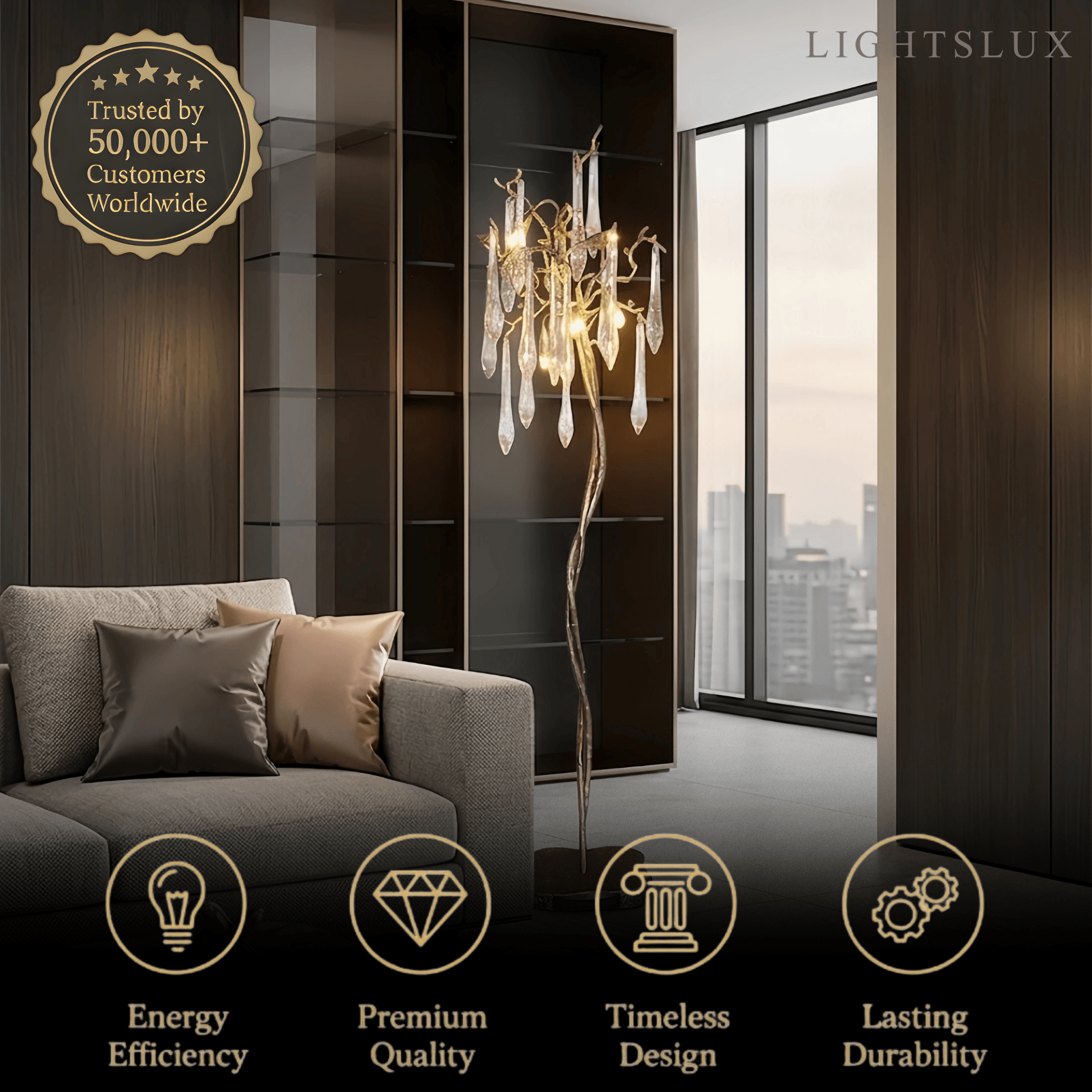Lampadaire de luxe – Branche en laiton doré avec gouttes de cristal pour salon / chambre - Flindria