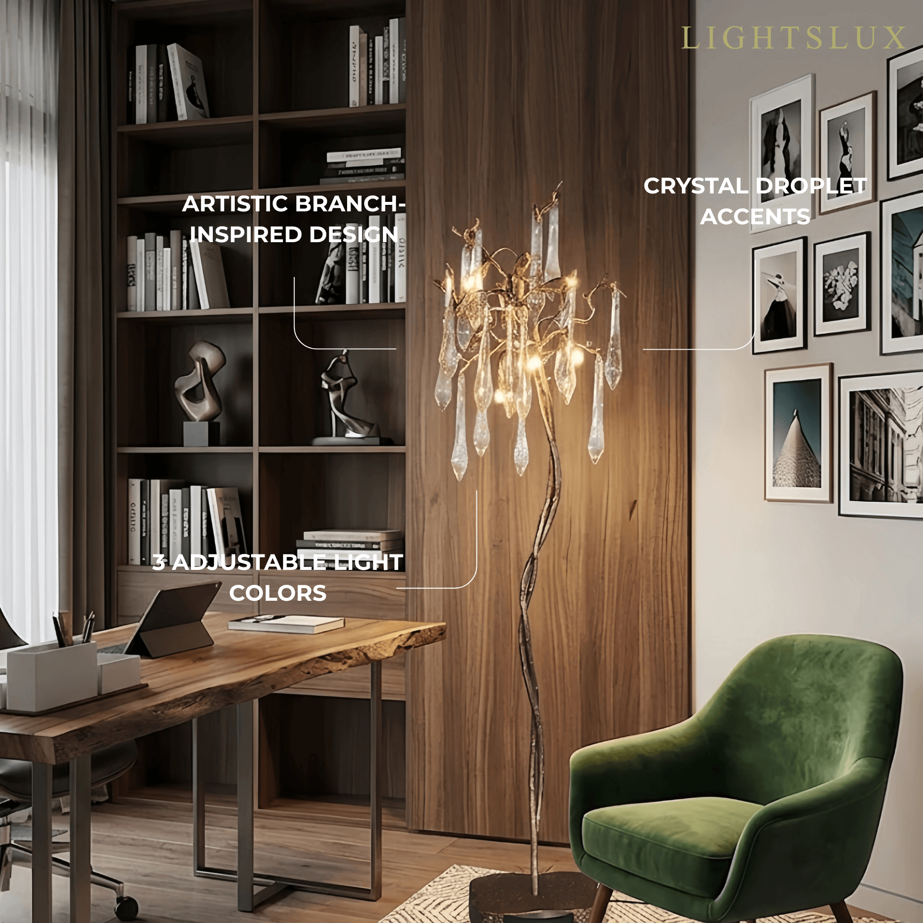 Lampadaire de luxe – Branche en laiton doré avec gouttes de cristal pour salon / chambre - Flindria