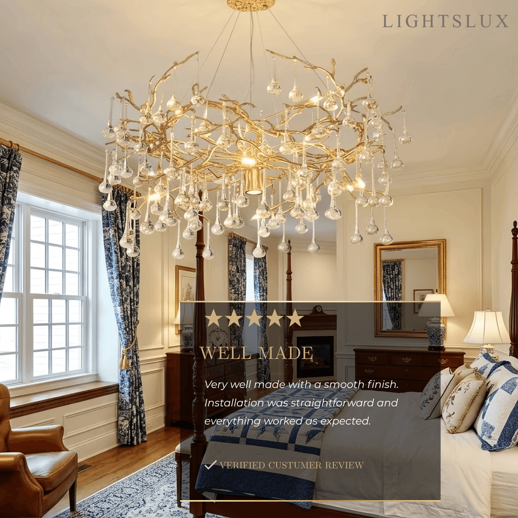 Lujoso candelabro de ramas – Latón y gotas de agua de vidrio para sala de estar/comedor - Flindria