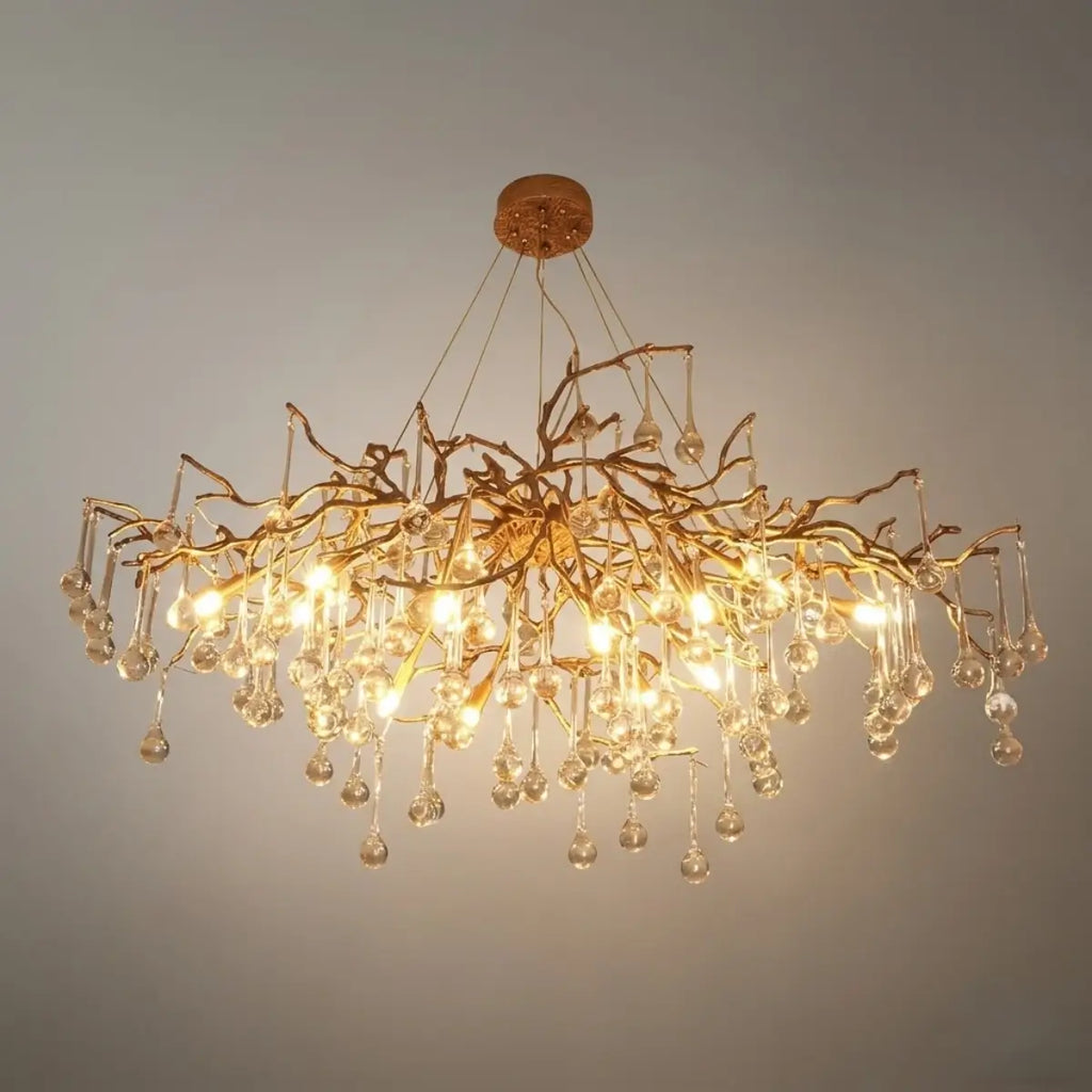 Lujoso candelabro de ramas – Latón y gotas de agua de vidrio para sala de estar/comedor - Flindria