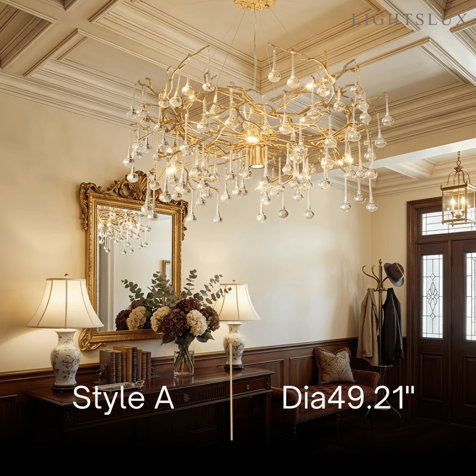 Lujoso candelabro de ramas – Latón y gotas de agua de vidrio para sala de estar/comedor - Flindria