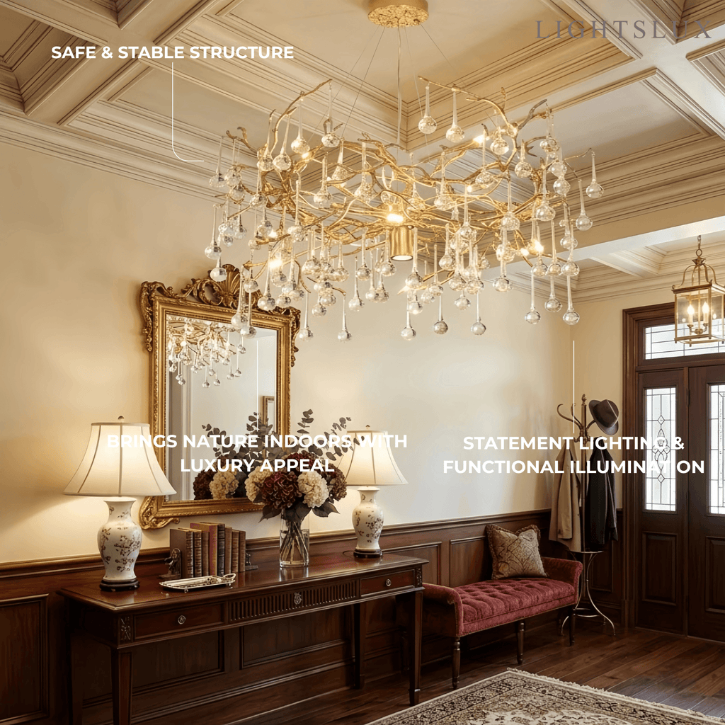 Lujoso candelabro de ramas – Latón y gotas de agua de vidrio para sala de estar/comedor - Flindria