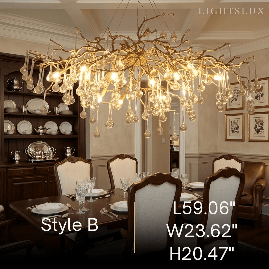 Lujoso candelabro de ramas – Latón y gotas de agua de vidrio para sala de estar/comedor - Flindria
