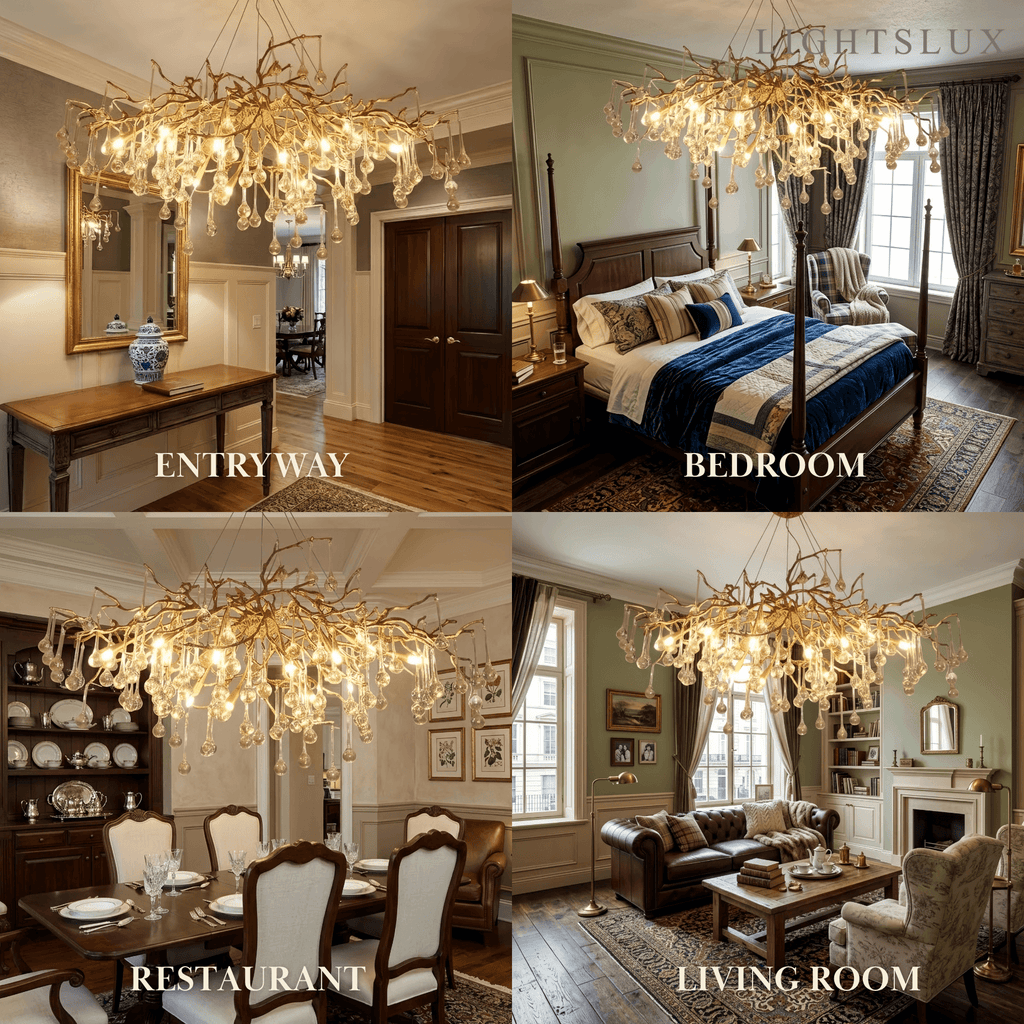 Lujoso candelabro de ramas – Latón y gotas de agua de vidrio para sala de estar/comedor - Flindria