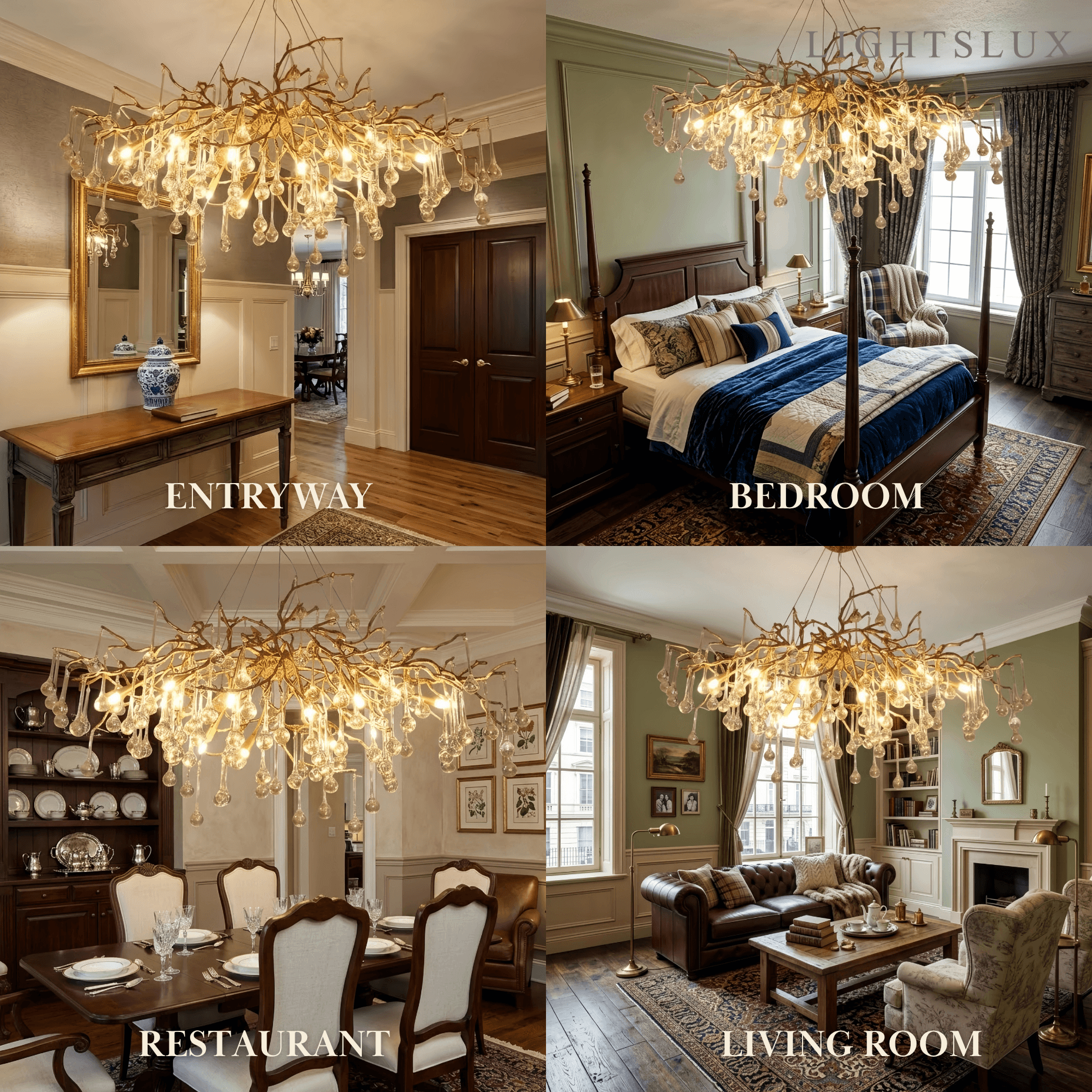 Lujoso candelabro de ramas – Latón y gotas de agua de vidrio para sala de estar/comedor - Flindria