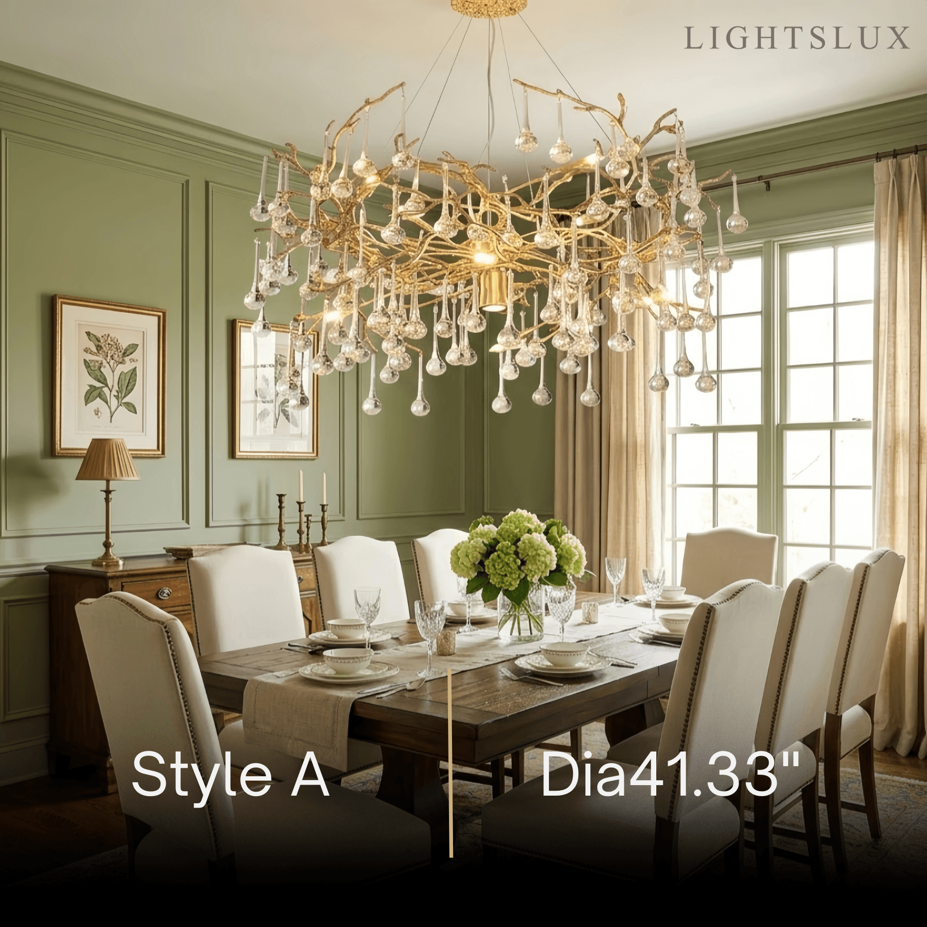Lujoso candelabro de ramas – Latón y gotas de agua de vidrio para sala de estar/comedor - Flindria