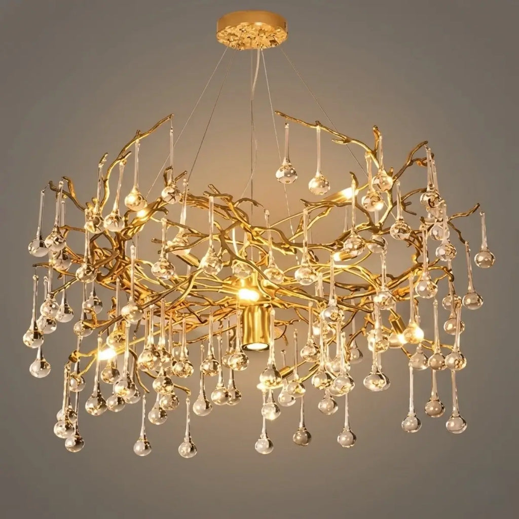 Lujoso candelabro de ramas – Latón y gotas de agua de vidrio para sala de estar/comedor - Flindria
