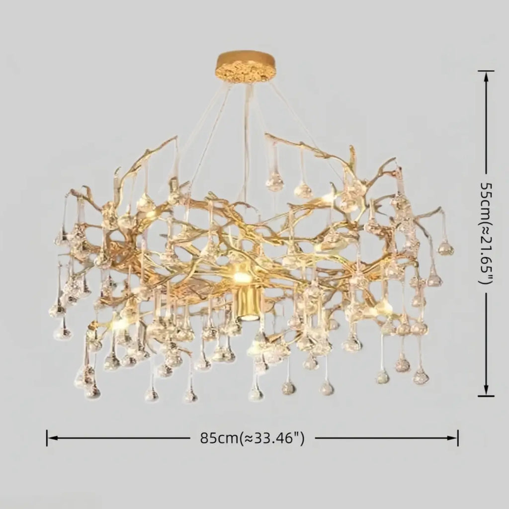Lujoso candelabro de ramas – Latón y gotas de agua de vidrio para sala de estar/comedor - Flindria