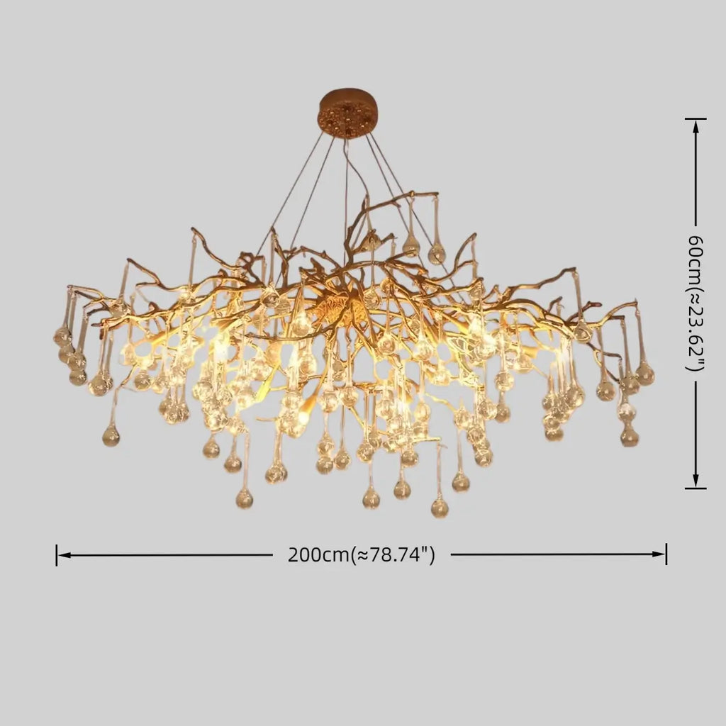 Lujoso candelabro de ramas – Latón y gotas de agua de vidrio para sala de estar/comedor - Flindria