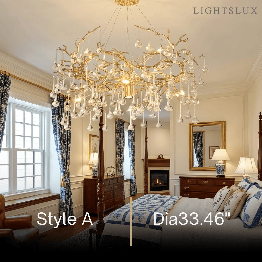 Lujoso candelabro de ramas – Latón y gotas de agua de vidrio para sala de estar/comedor - Flindria