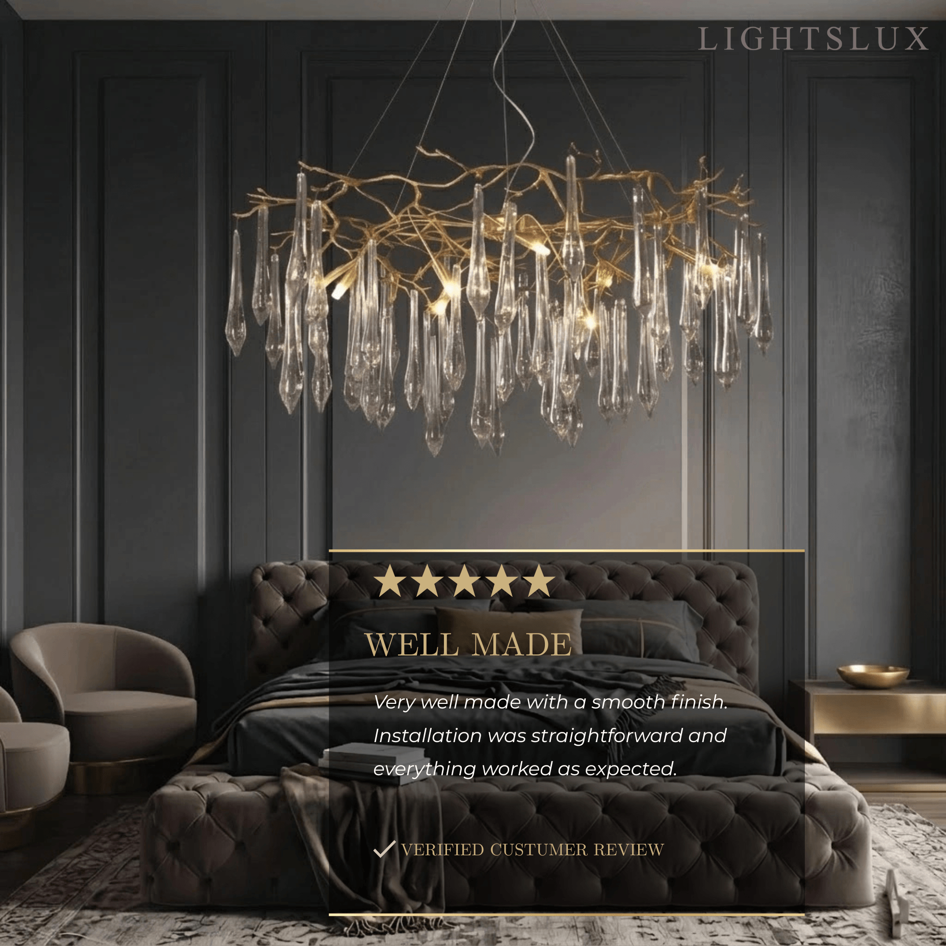 Elegant Branch Chandelier – Brass Crystal Drop for Living Room / Dining Room - Flindria