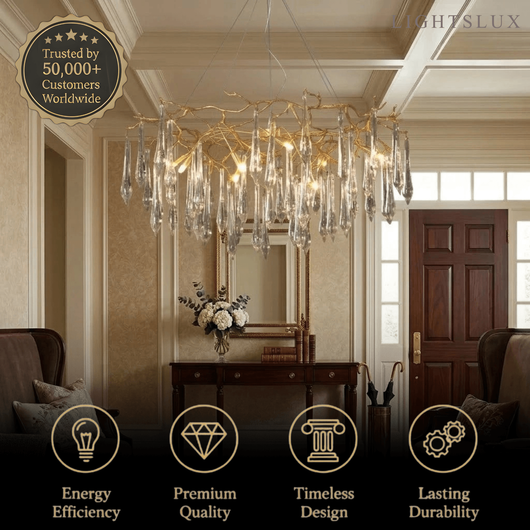 Elegant Branch Chandelier – Brass Crystal Drop for Living Room / Dining Room - Flindria