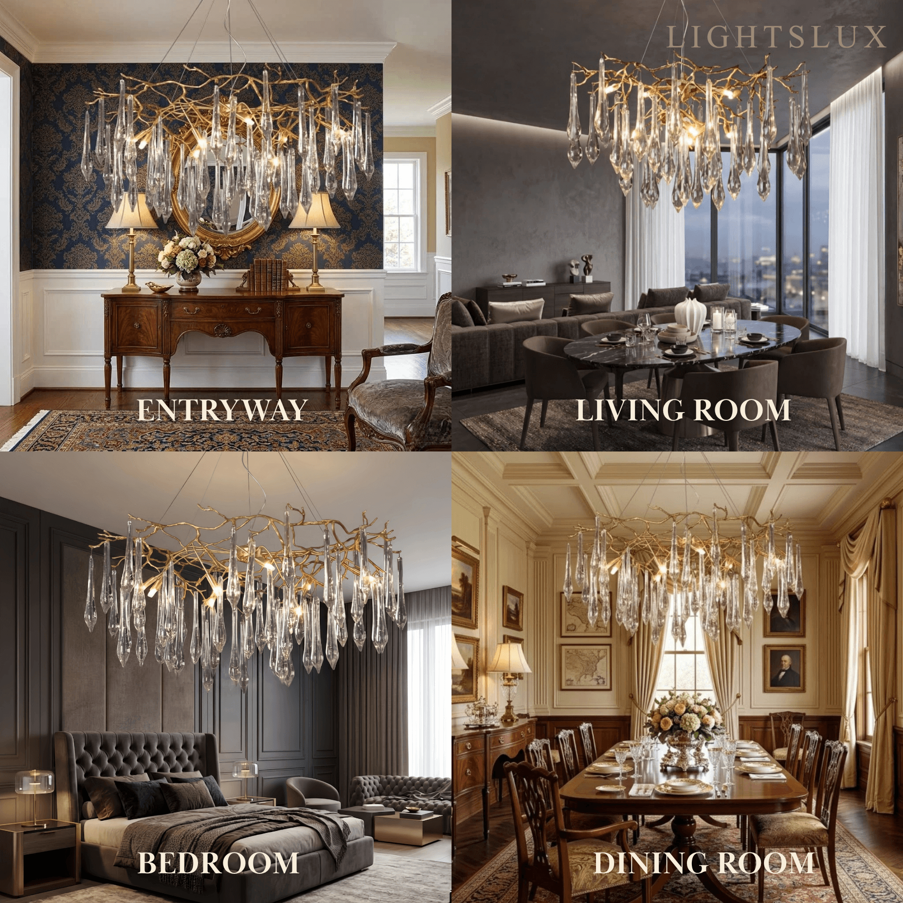 Elegant Branch Chandelier – Brass Crystal Drop for Living Room / Dining Room - Flindria