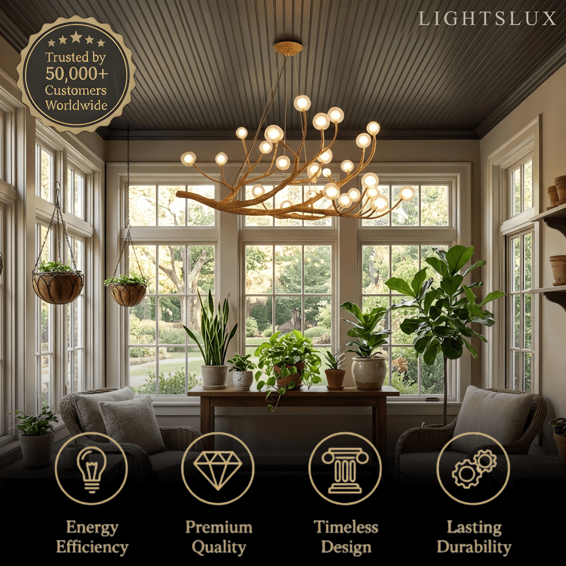 Natural Tree Branch Chandelier -- Wood-Look Resin & Glass for Living Room Dining Room - Flindria