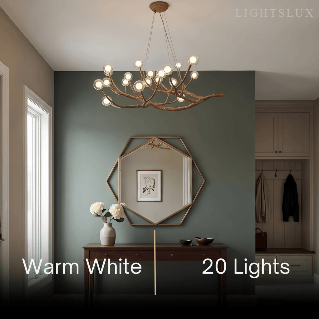 Natural Tree Branch Chandelier -- Wood-Look Resin & Glass for Living Room Dining Room - Flindria