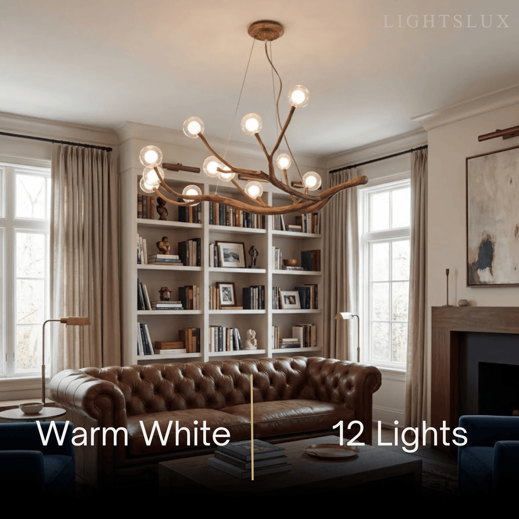 Natural Tree Branch Chandelier -- Wood-Look Resin & Glass for Living Room Dining Room - Flindria