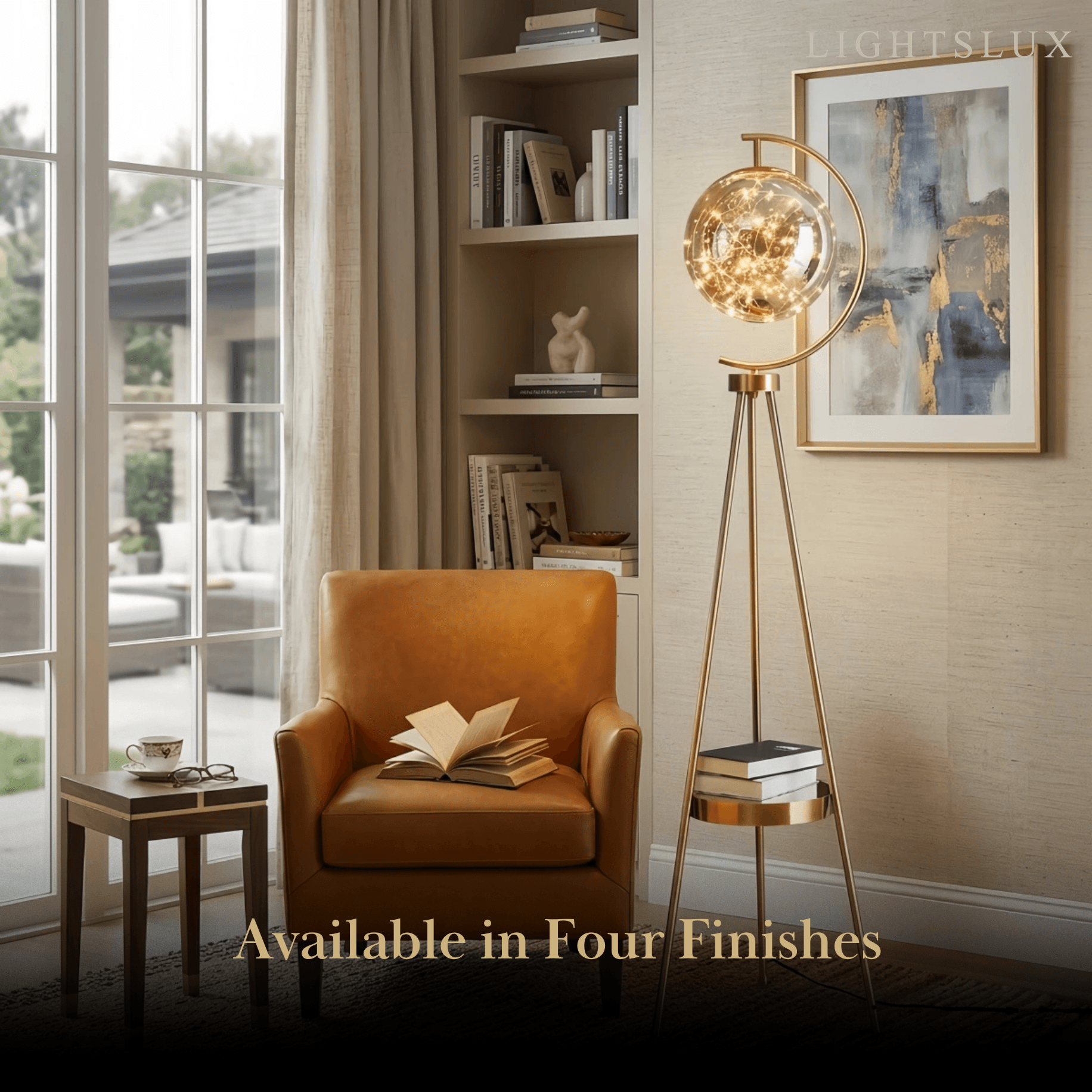 Modern Glass Ball Tripod Floor Lamp with Tray -- Gold or Black for Living Room - Flindria