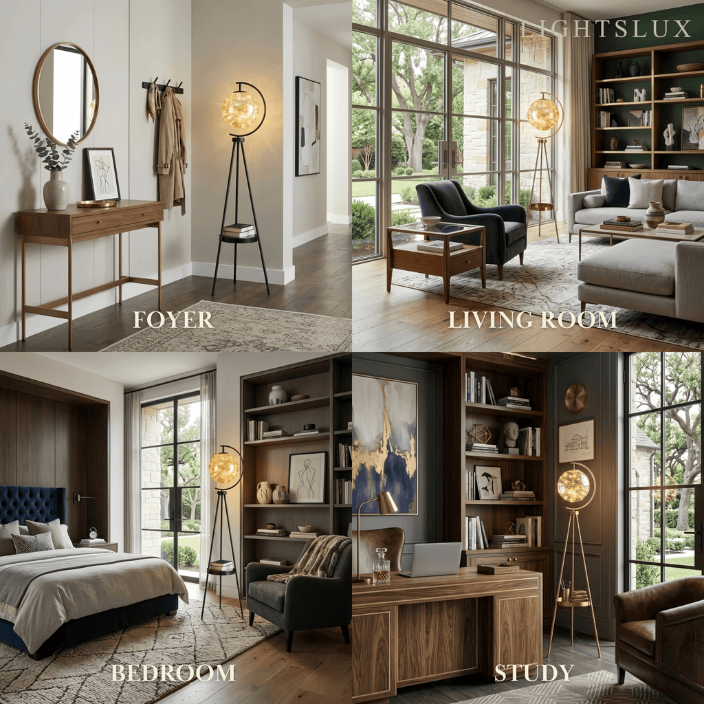 Modern Glass Ball Tripod Floor Lamp with Tray -- Gold or Black for Living Room - Flindria