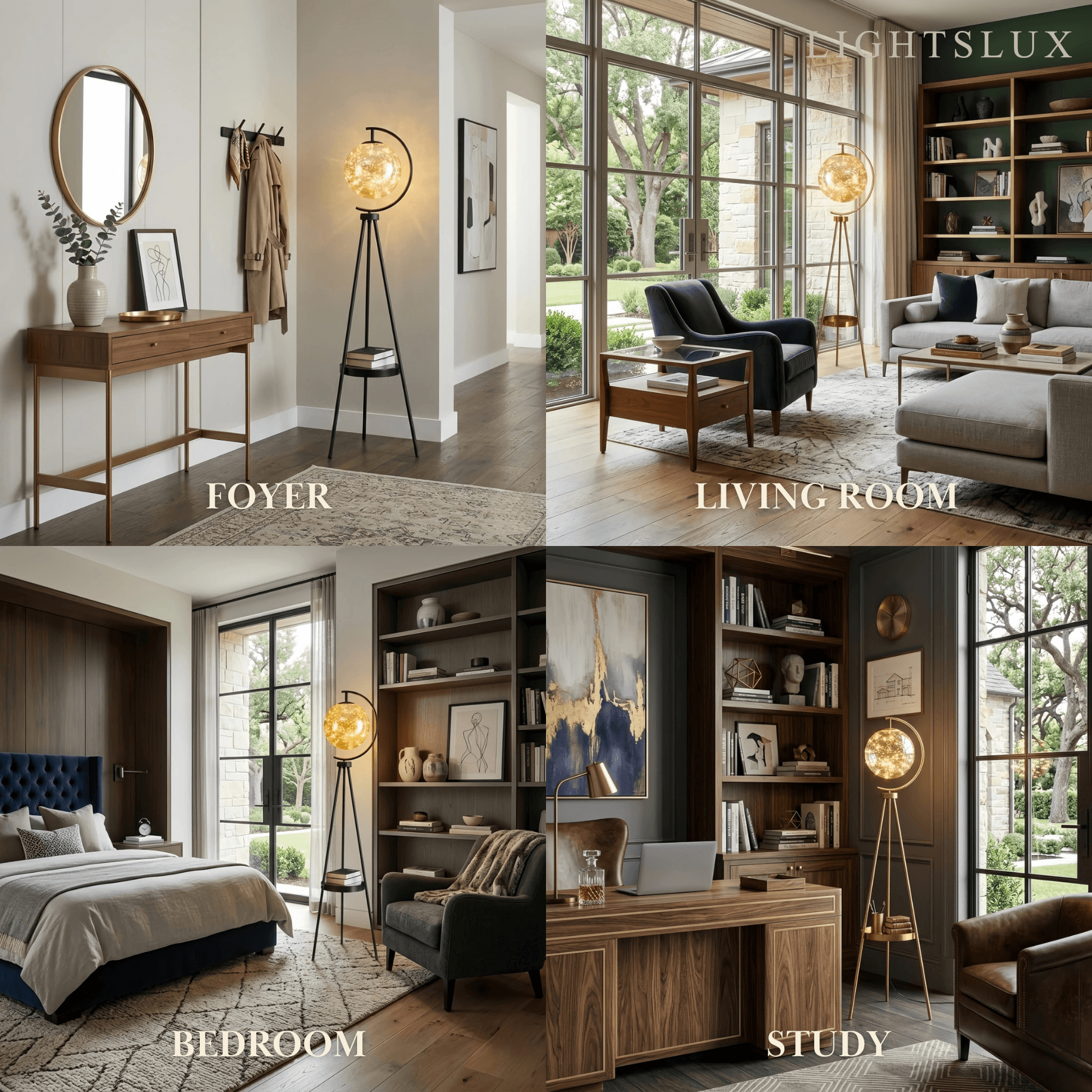 Modern Glass Ball Tripod Floor Lamp with Tray -- Gold or Black for Living Room - Flindria