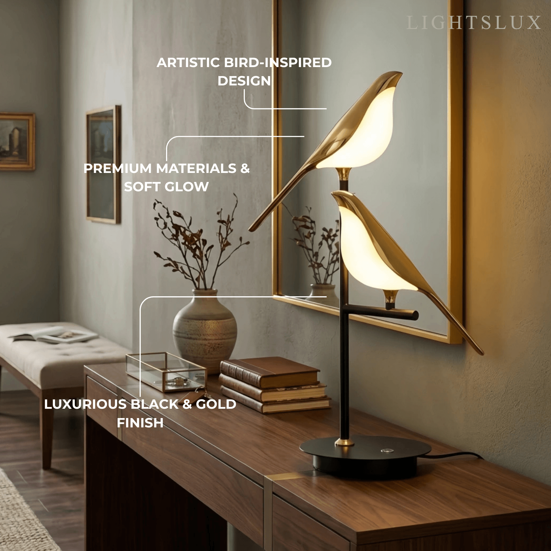Moderne akryl fuglebordlampe -- justerbar sort & guld til soveværelse og stue - Flindria