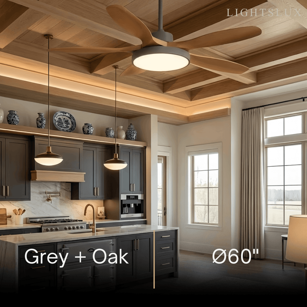 Scandinavian Large Ceiling Fan Light – Grey & White Imitated Oak for Living Room - Flindria