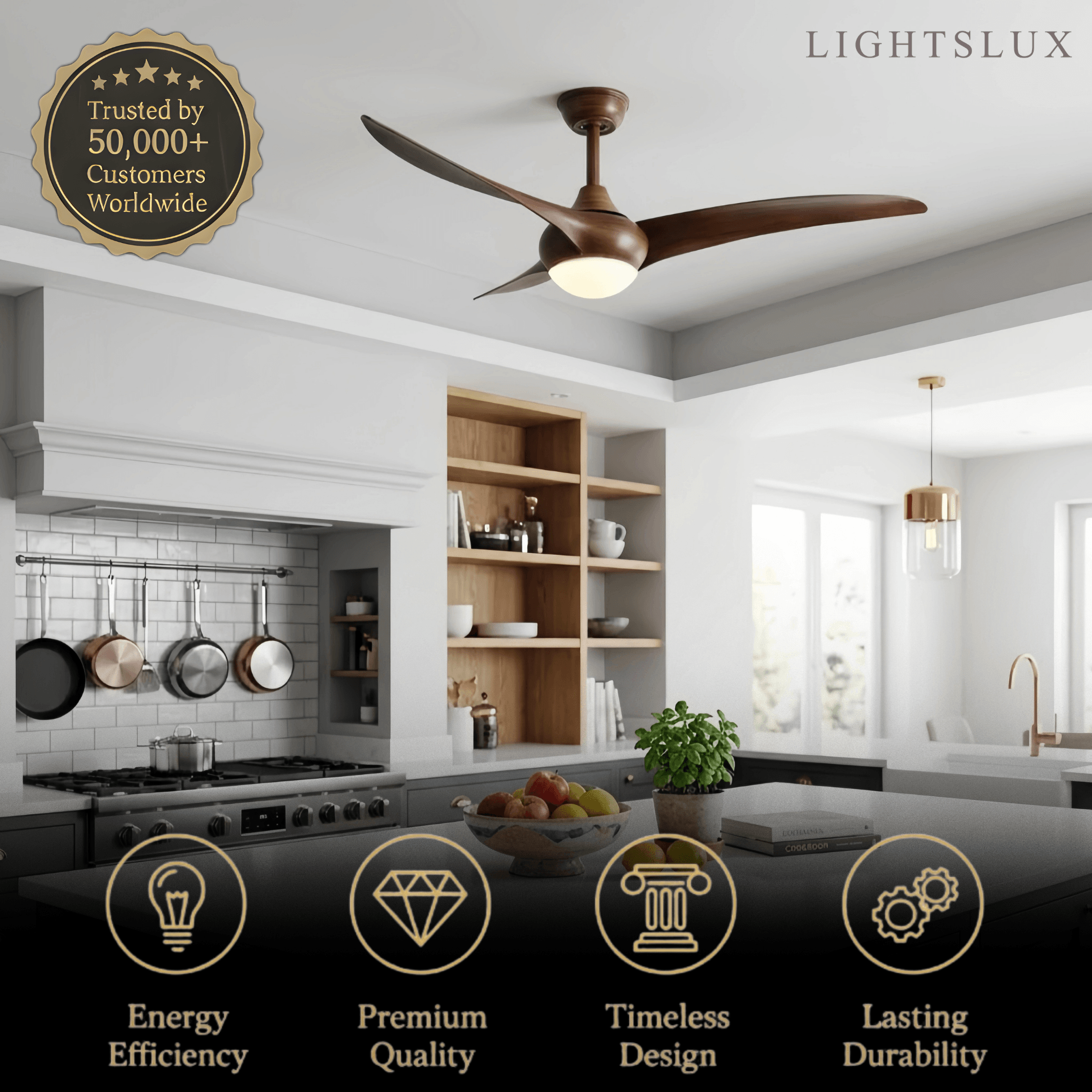 Modern Ceiling Fan Light with LED -- Walnut Wood Grain for Living Room - Flindria