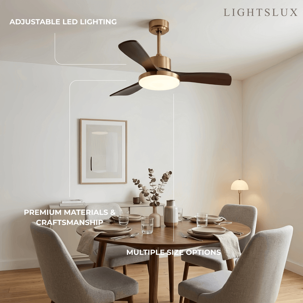 Modern Ceiling Fan Light with LED -- Walnut Wood & Gold for Living Room Bedroom - Flindria