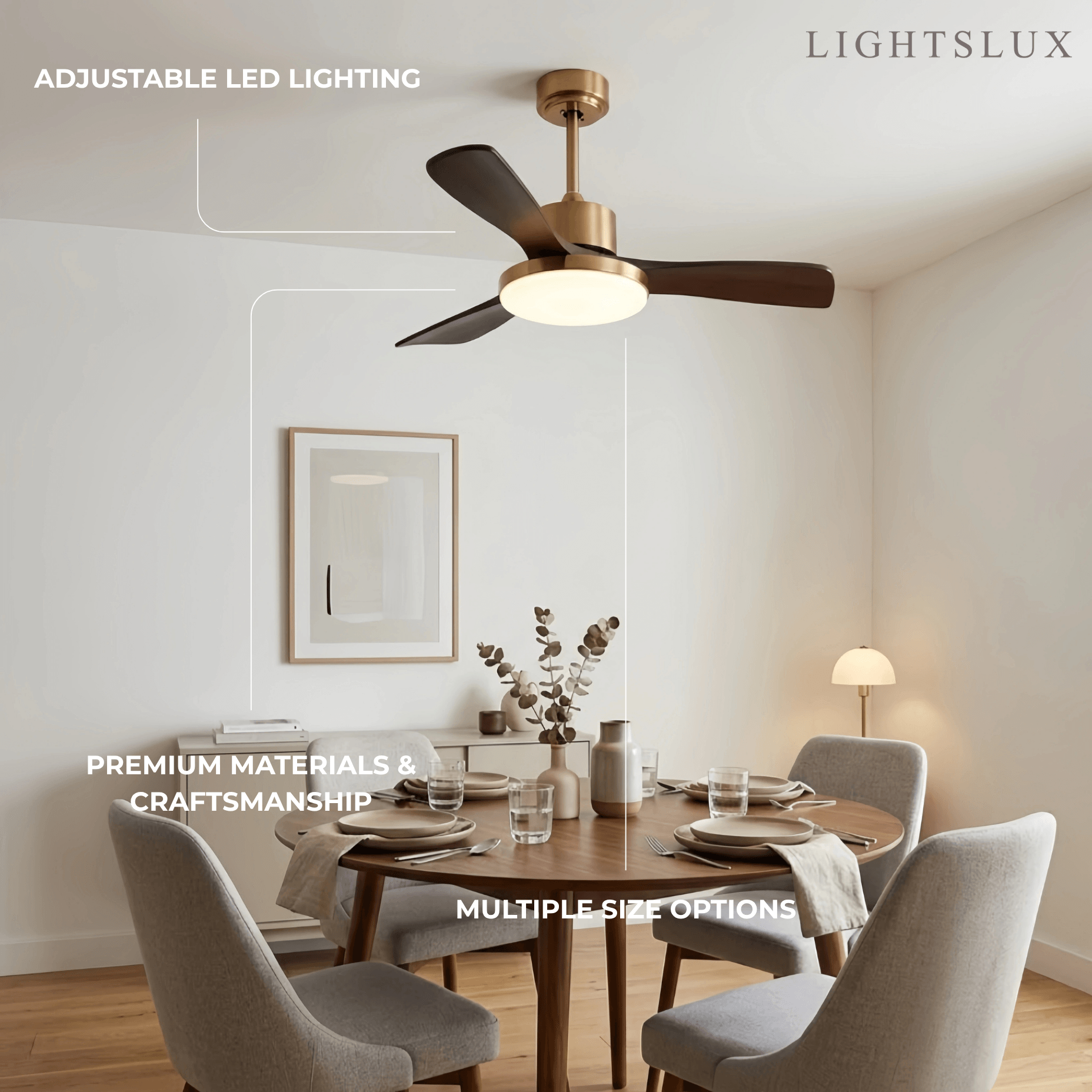 Modern Ceiling Fan Light with LED -- Walnut Wood & Gold for Living Room Bedroom - Flindria