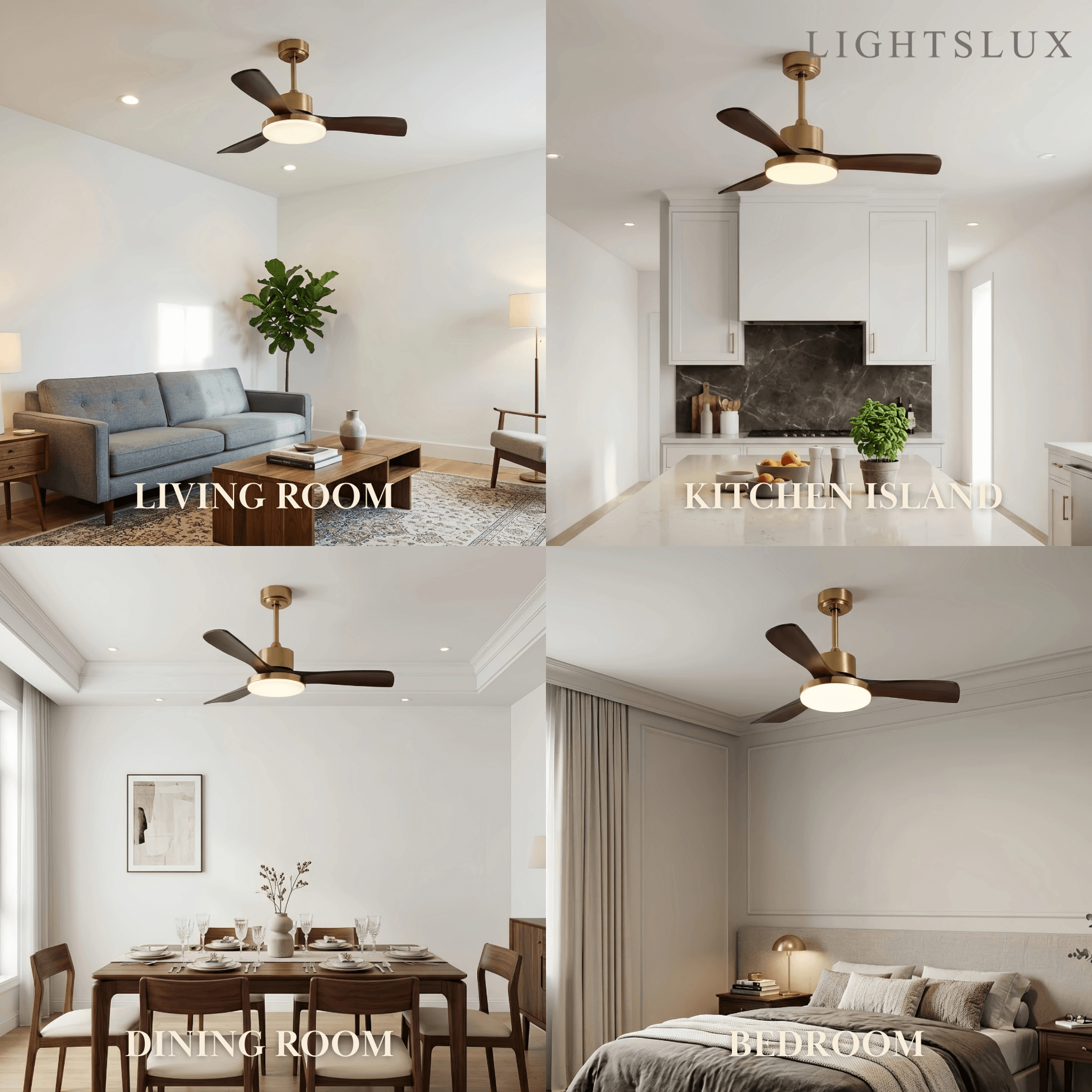 Modern Ceiling Fan Light with LED -- Walnut Wood & Gold for Living Room Bedroom - Flindria