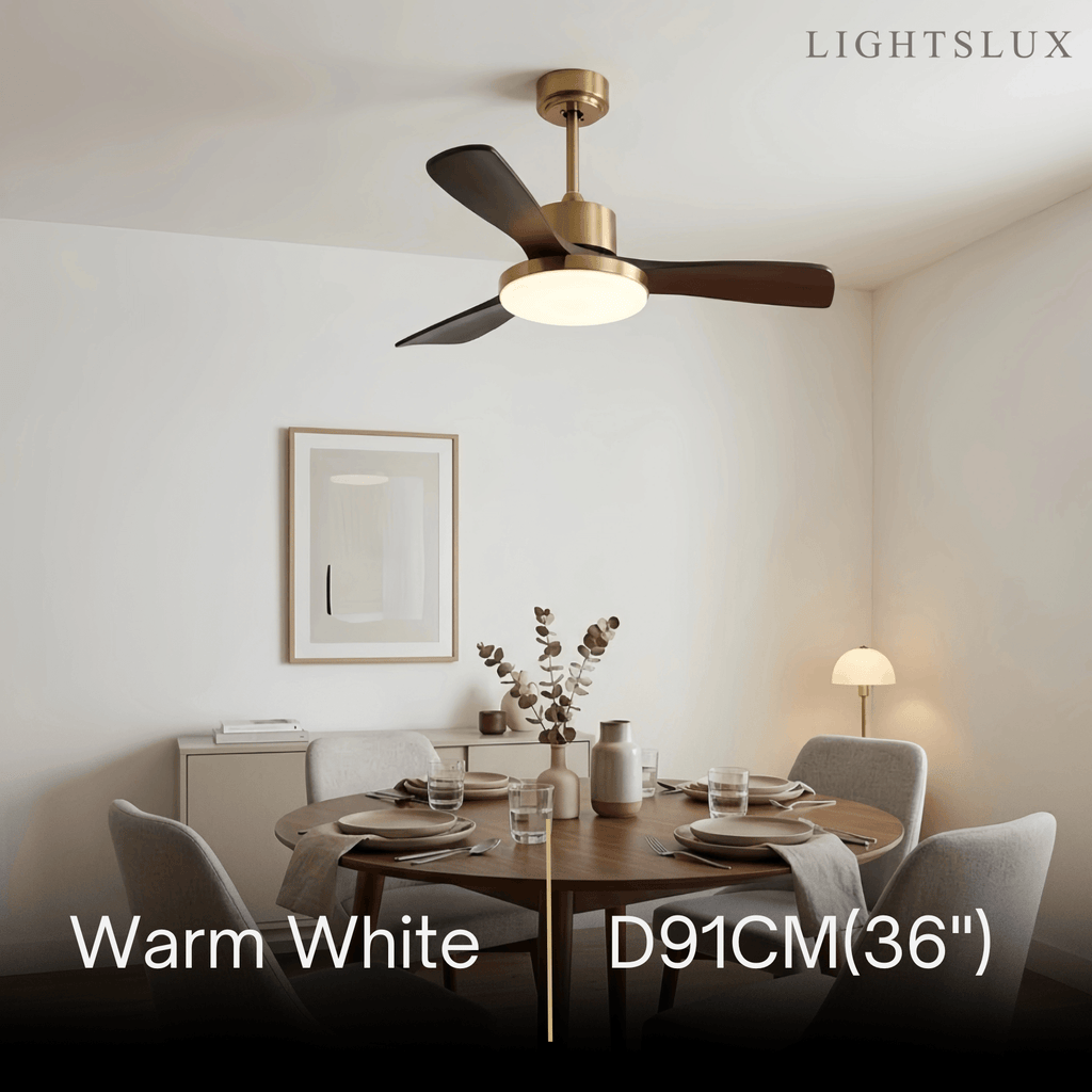 Modern Ceiling Fan Light with LED -- Walnut Wood & Gold for Living Room Bedroom - Flindria