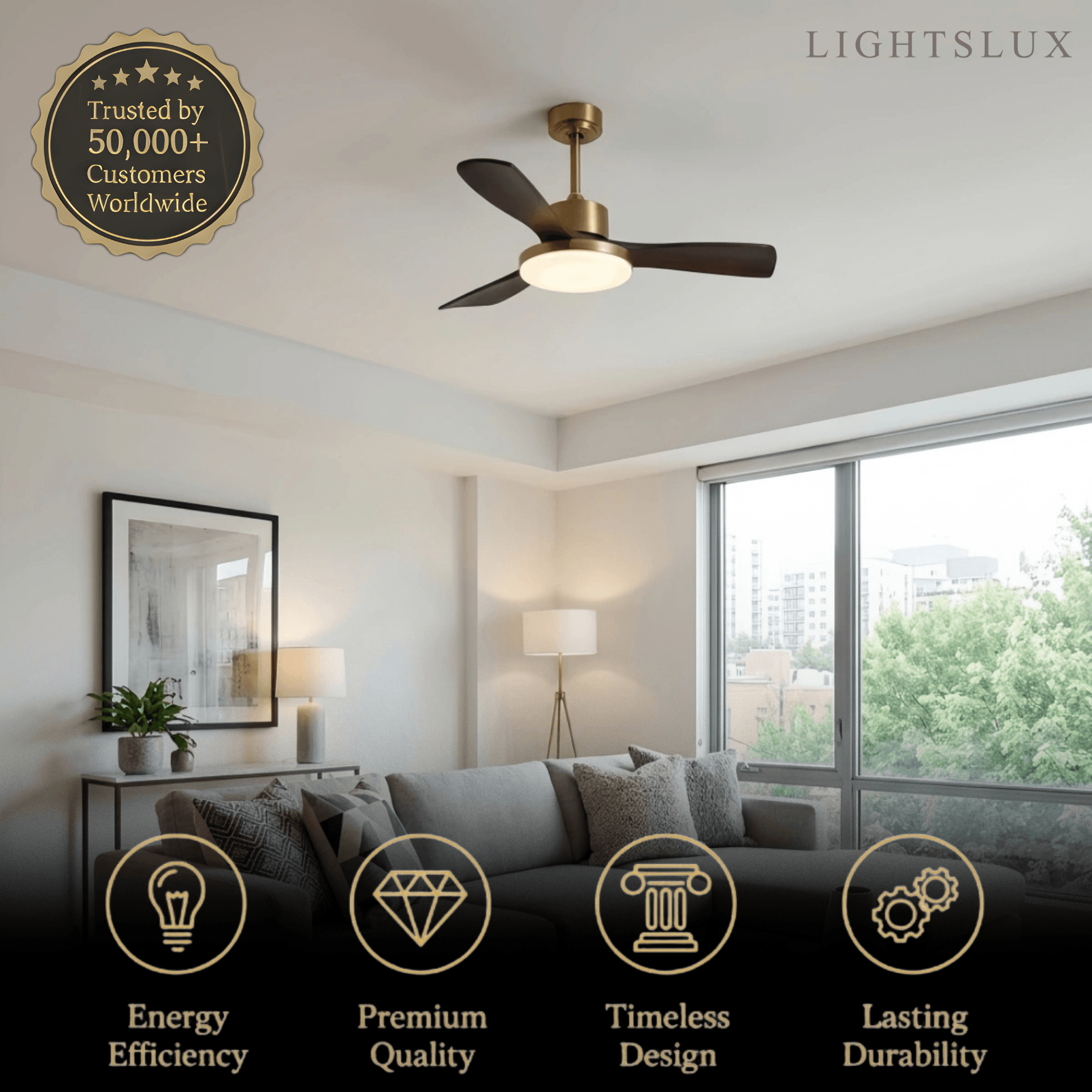Modern Ceiling Fan Light with LED -- Walnut Wood & Gold for Living Room Bedroom - Flindria