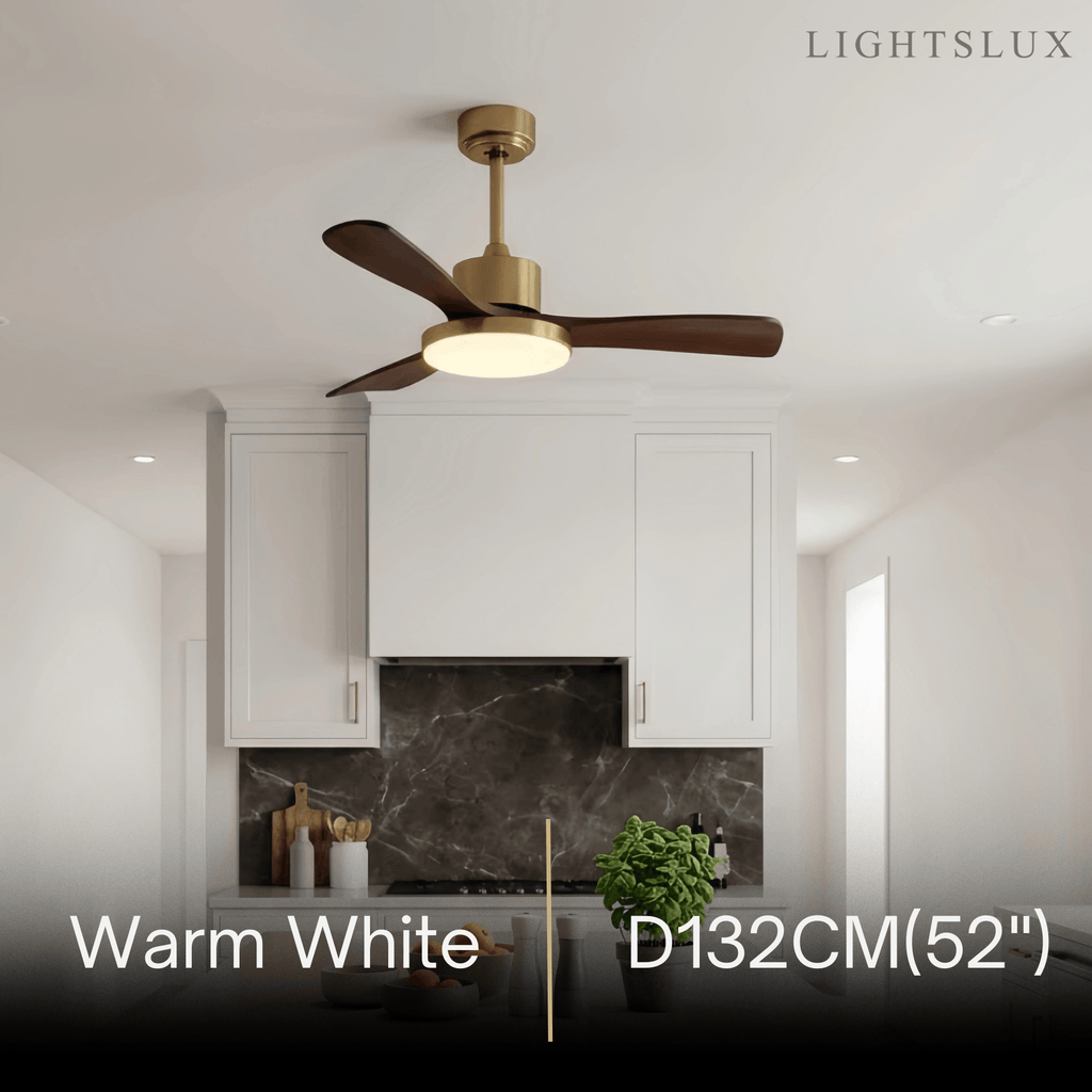 Modern Ceiling Fan Light with LED -- Walnut Wood & Gold for Living Room Bedroom - Flindria