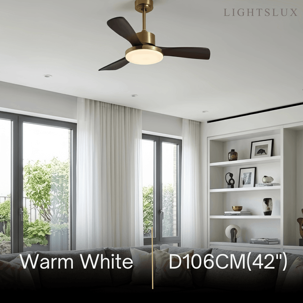 Modern Ceiling Fan Light with LED -- Walnut Wood & Gold for Living Room Bedroom - Flindria