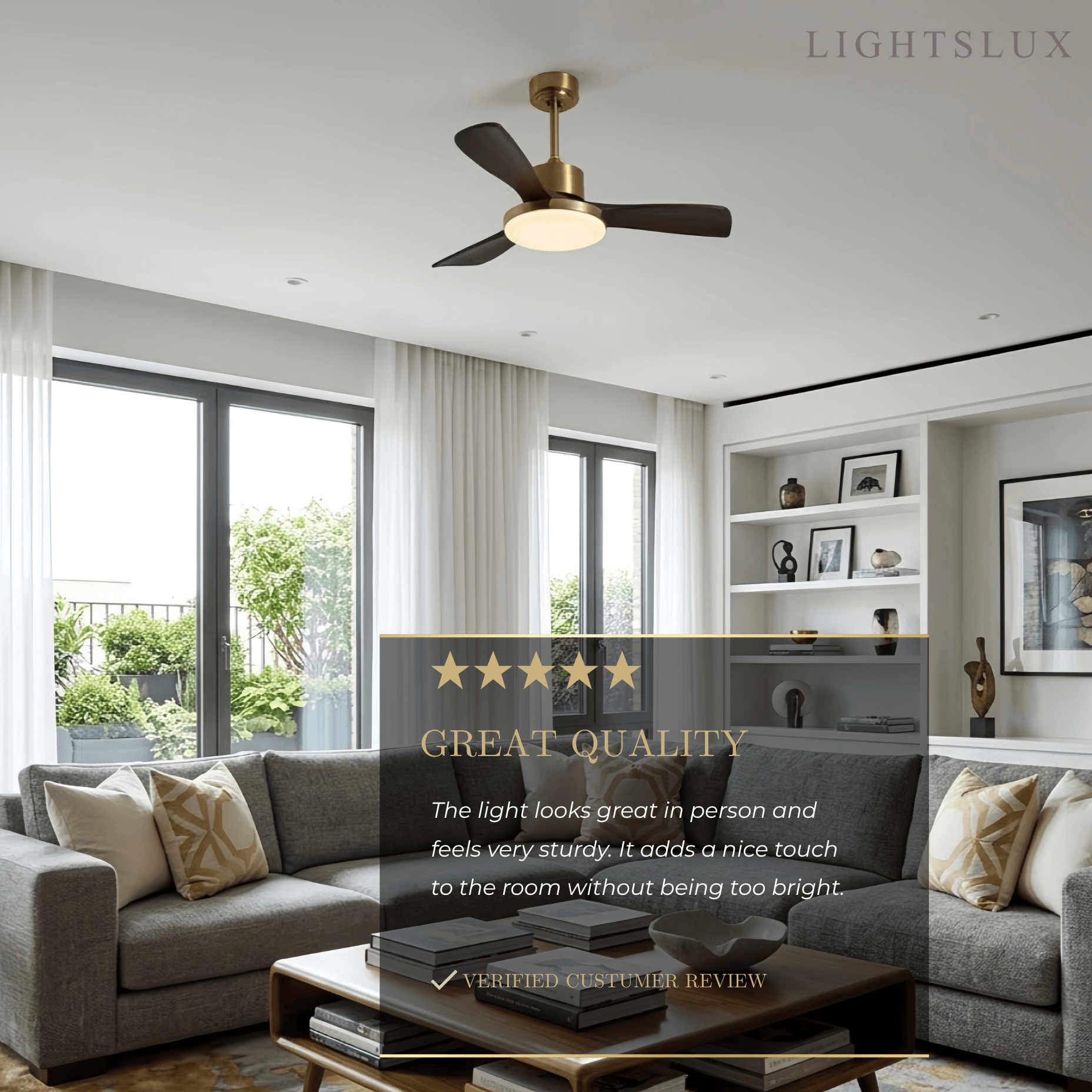 Modern Ceiling Fan Light with LED -- Walnut Wood & Gold for Living Room Bedroom - Flindria