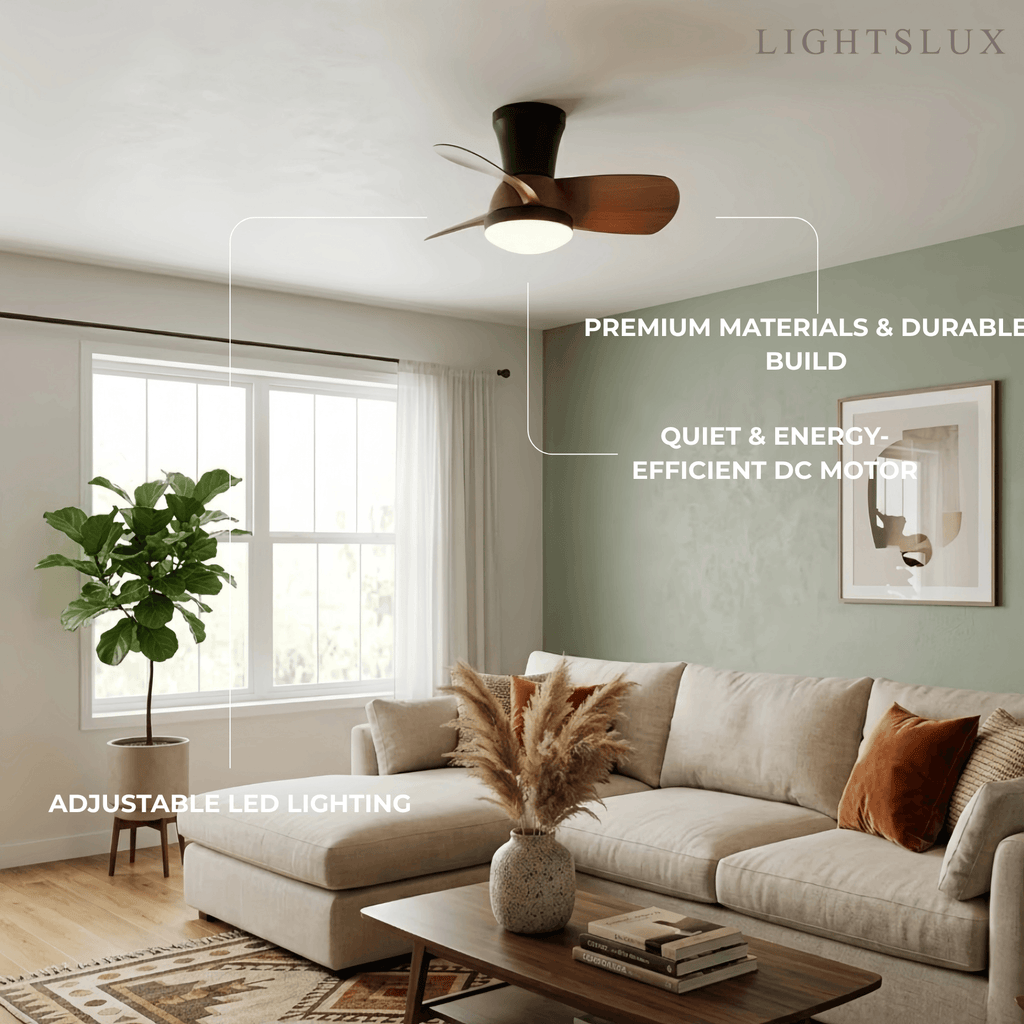Modern Ceiling Fan Light with LED -- Walnut Wood & Black for Bedroom Living Room - Flindria