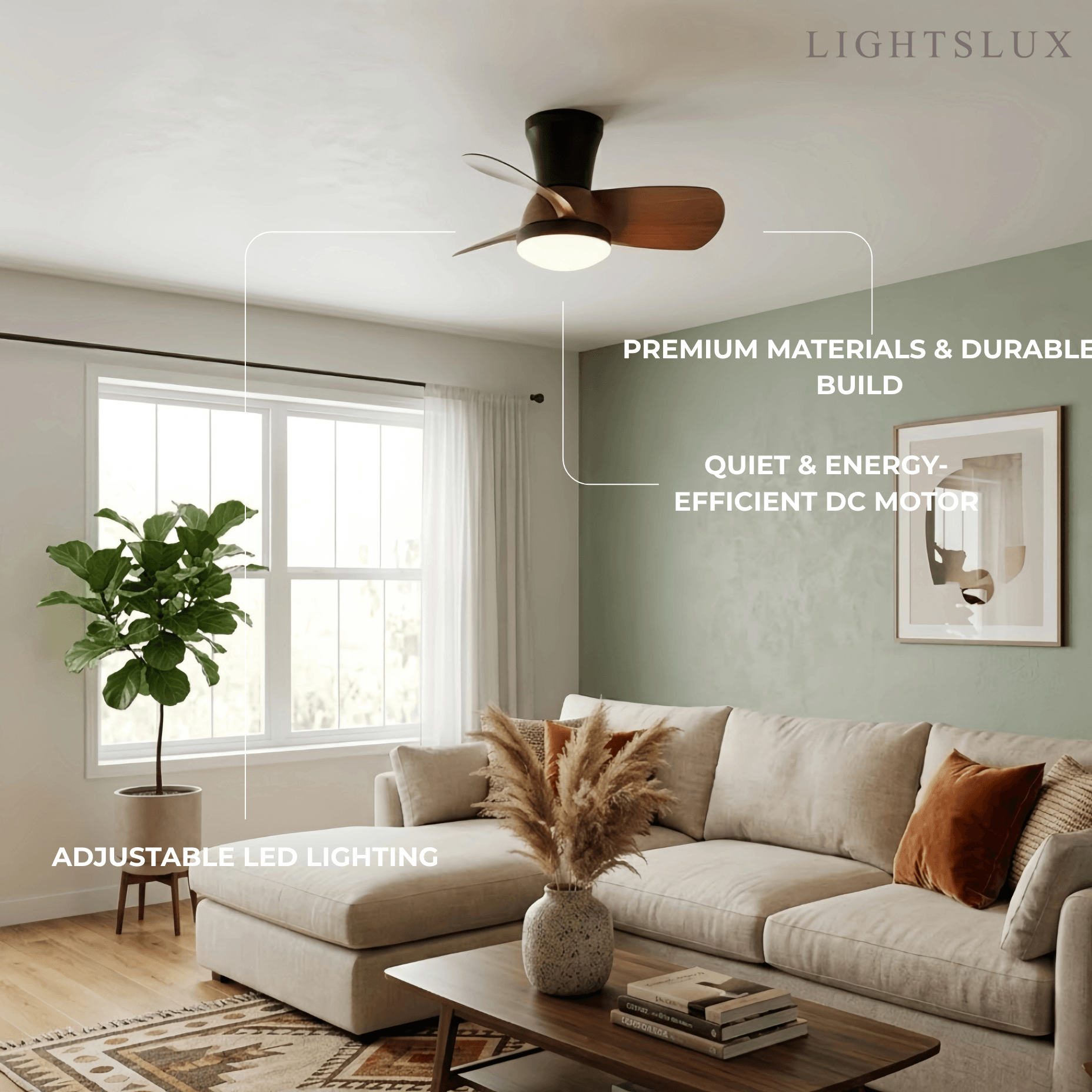 Modern Ceiling Fan Light with LED -- Walnut Wood & Black for Bedroom Living Room - Flindria