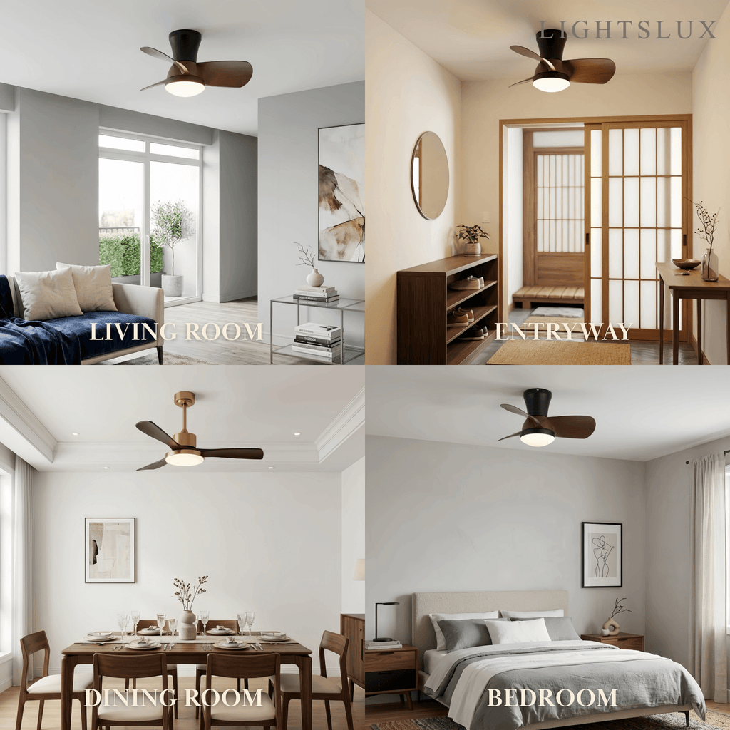Modern Ceiling Fan Light with LED -- Walnut Wood & Black for Bedroom Living Room - Flindria