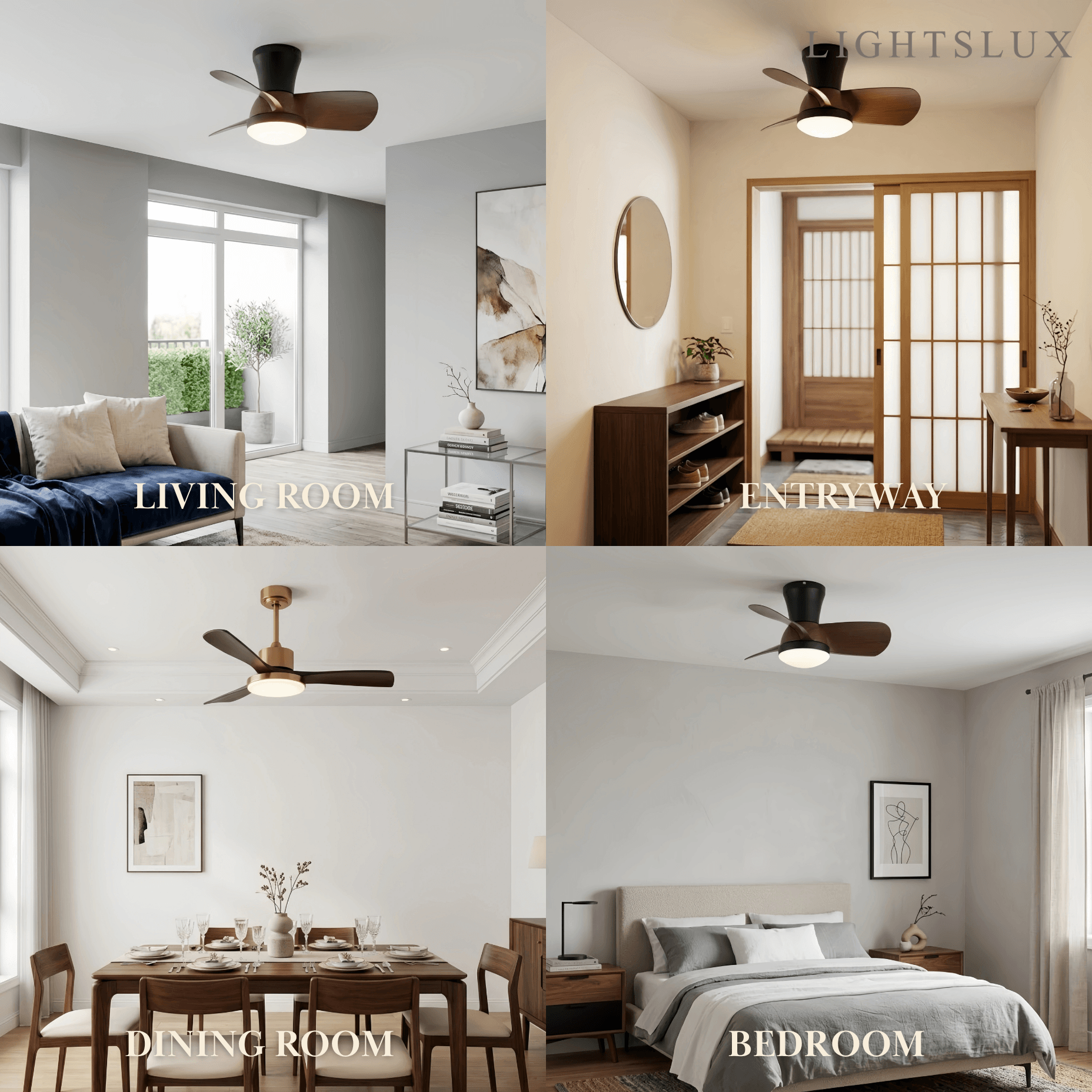 Modern Ceiling Fan Light with LED -- Walnut Wood & Black for Bedroom Living Room - Flindria