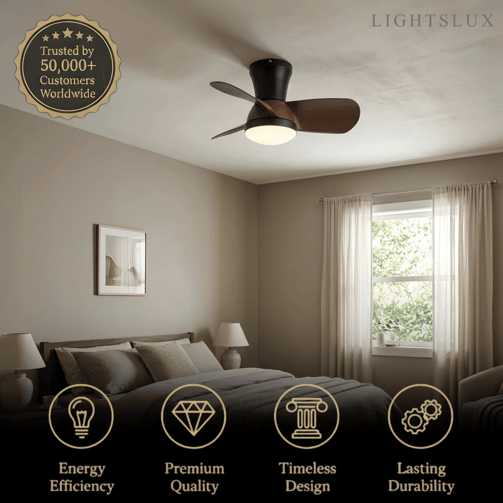 Modern Ceiling Fan Light with LED -- Walnut Wood & Black for Bedroom Living Room - Flindria