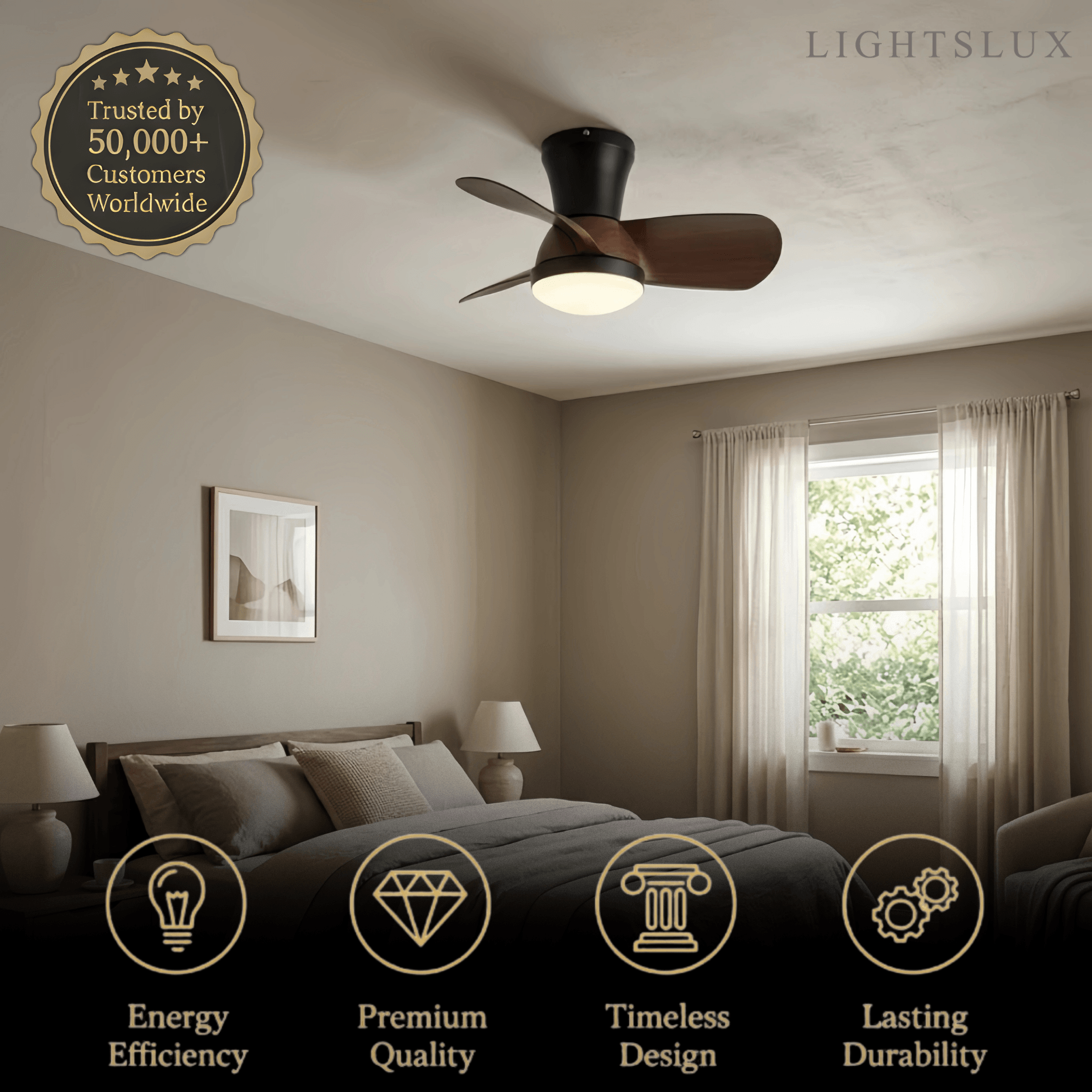 Modern Ceiling Fan Light with LED -- Walnut Wood & Black for Bedroom Living Room - Flindria