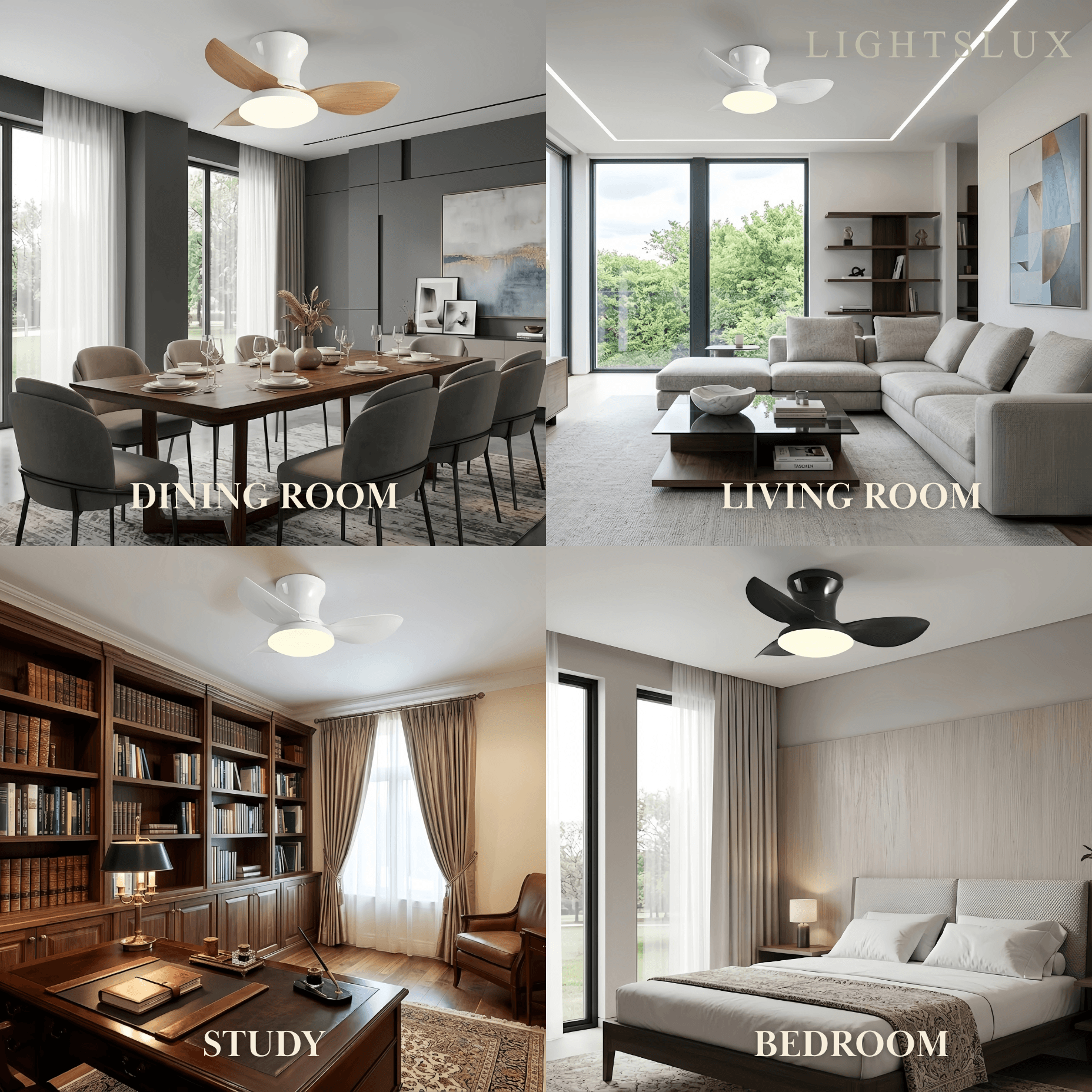 Moderní stropní ventilátor se světlem – černobílý zapuštěný s LED do ložnice – Flindria