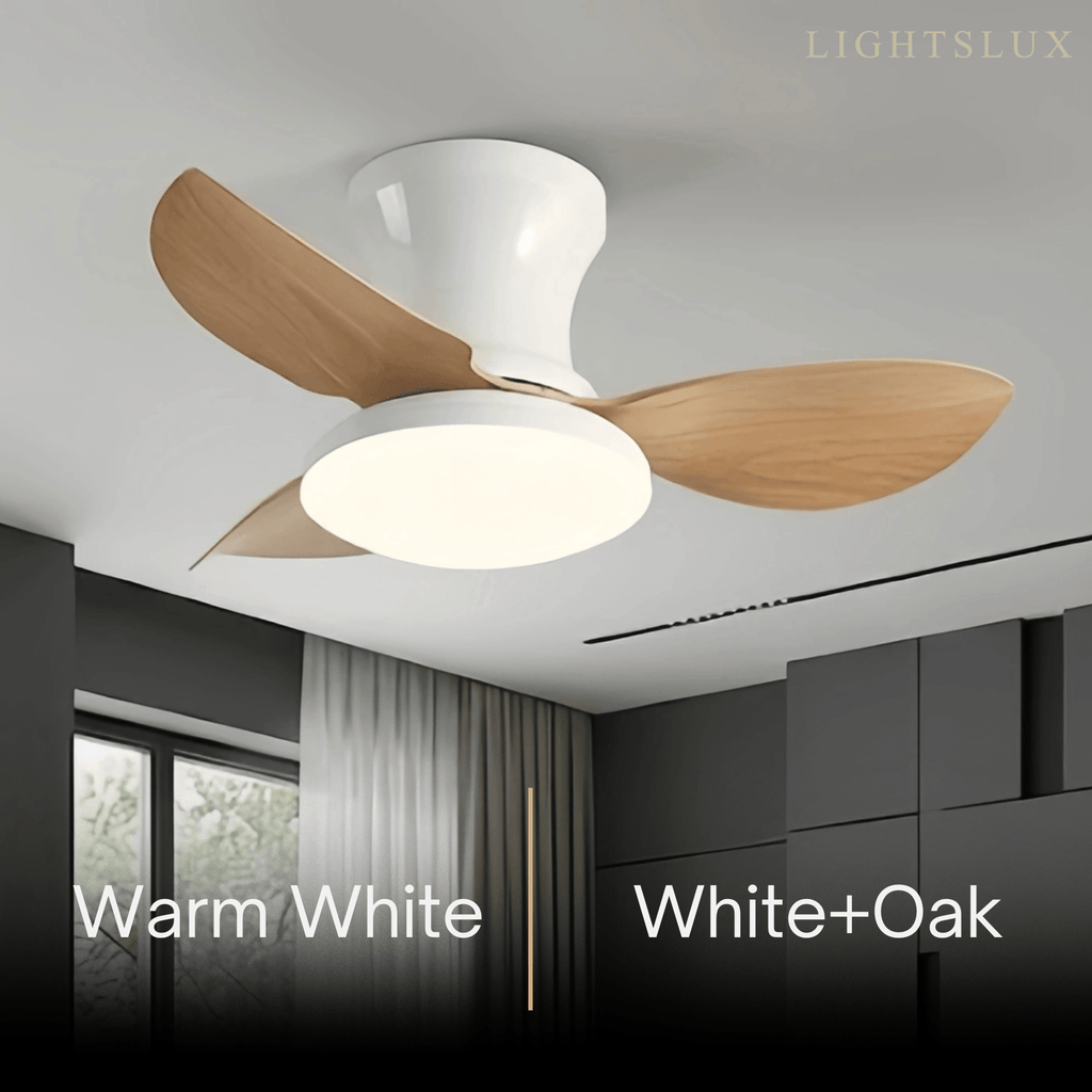 Moderní stropní ventilátor se světlem – černobílý zapuštěný s LED do ložnice – Flindria