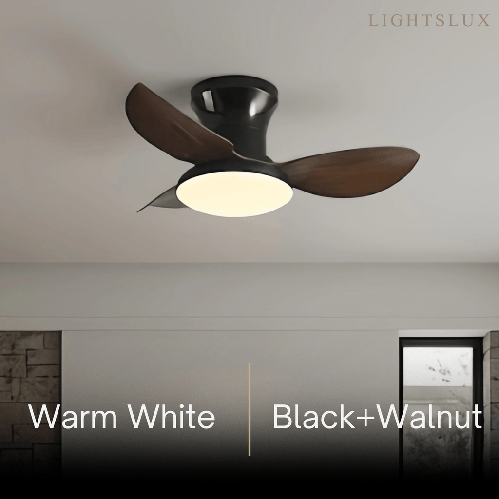 Moderní stropní ventilátor se světlem – černobílý zapuštěný s LED do ložnice – Flindria