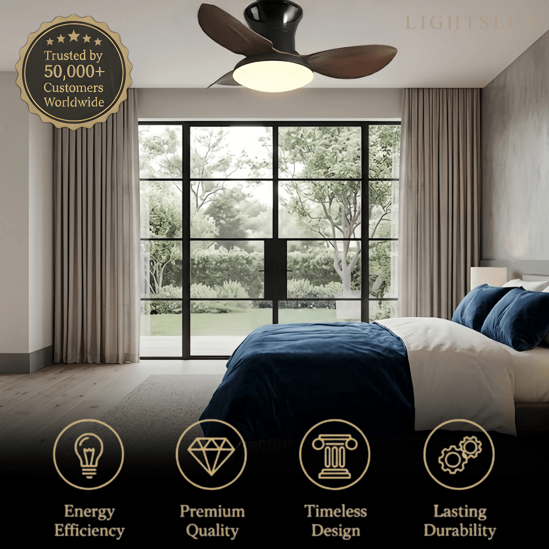 Moderní stropní ventilátor se světlem – černobílý zapuštěný s LED do ložnice – Flindria