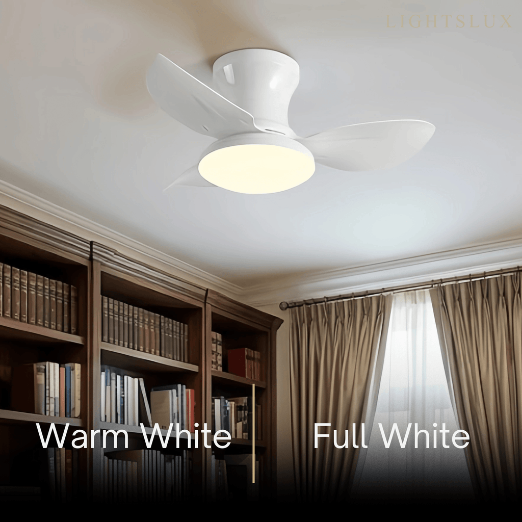 Moderní stropní ventilátor se světlem – černobílý zapuštěný s LED do ložnice – Flindria